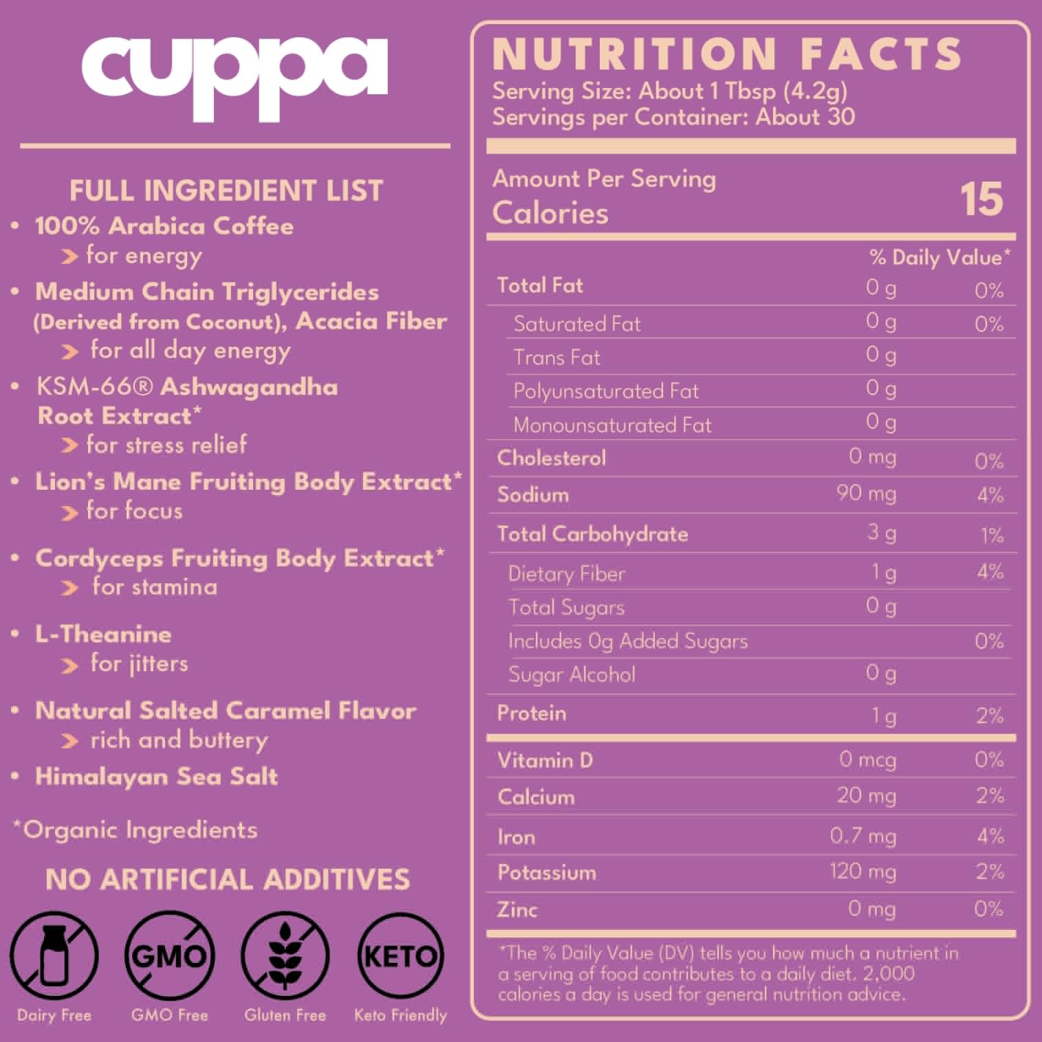 Cuppa Salted Caramel Mushroom Coffee with Adaptogens & Superfoods - Lion’s Mane, Ashwagandha & Cordyceps. Adaptogens + MCT to support natural energy