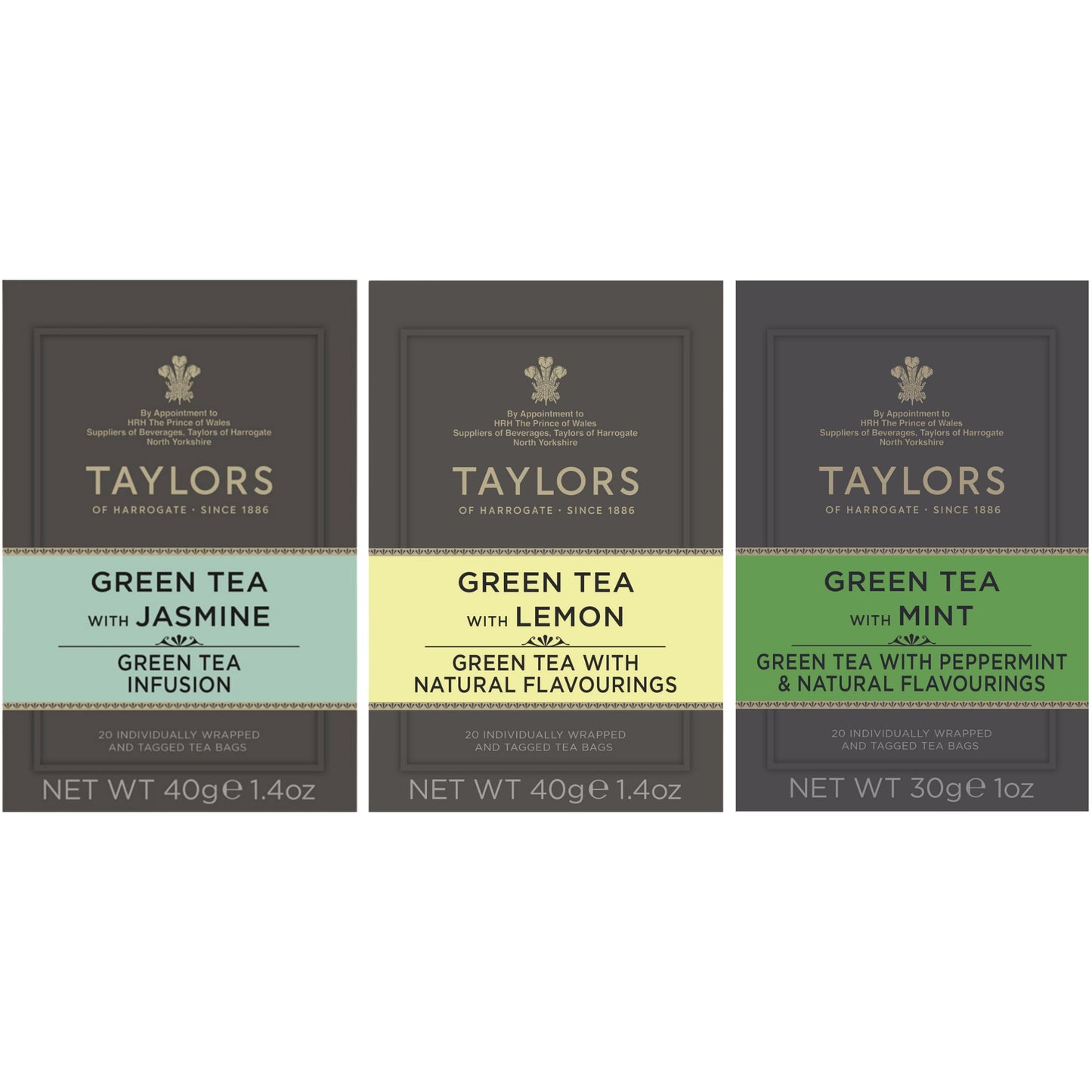 Taylors of Harrogate Green Tea Variety Pack, Individually Wrapped Bags, Jasmine, Lemon, Mint 20 Count (Pack of 3), Caffeinated, Enjoy Hot or Iced, 60