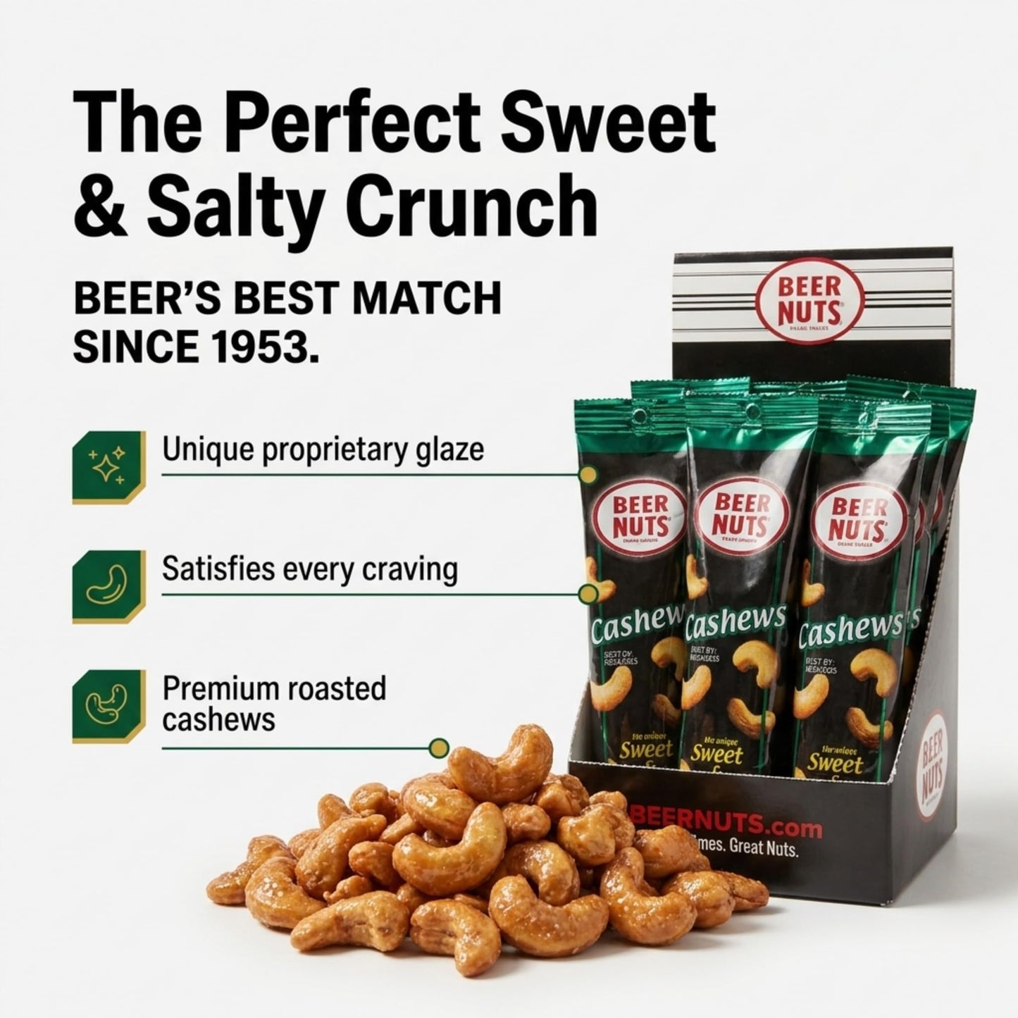 BEER NUTS Individual Tube Bags Display, Sweet & Salty Bar Nuts - Gluten Free, Kosher, Low Sodium Peanut Snacks Made In The USA (12 Pack) (12 Count
