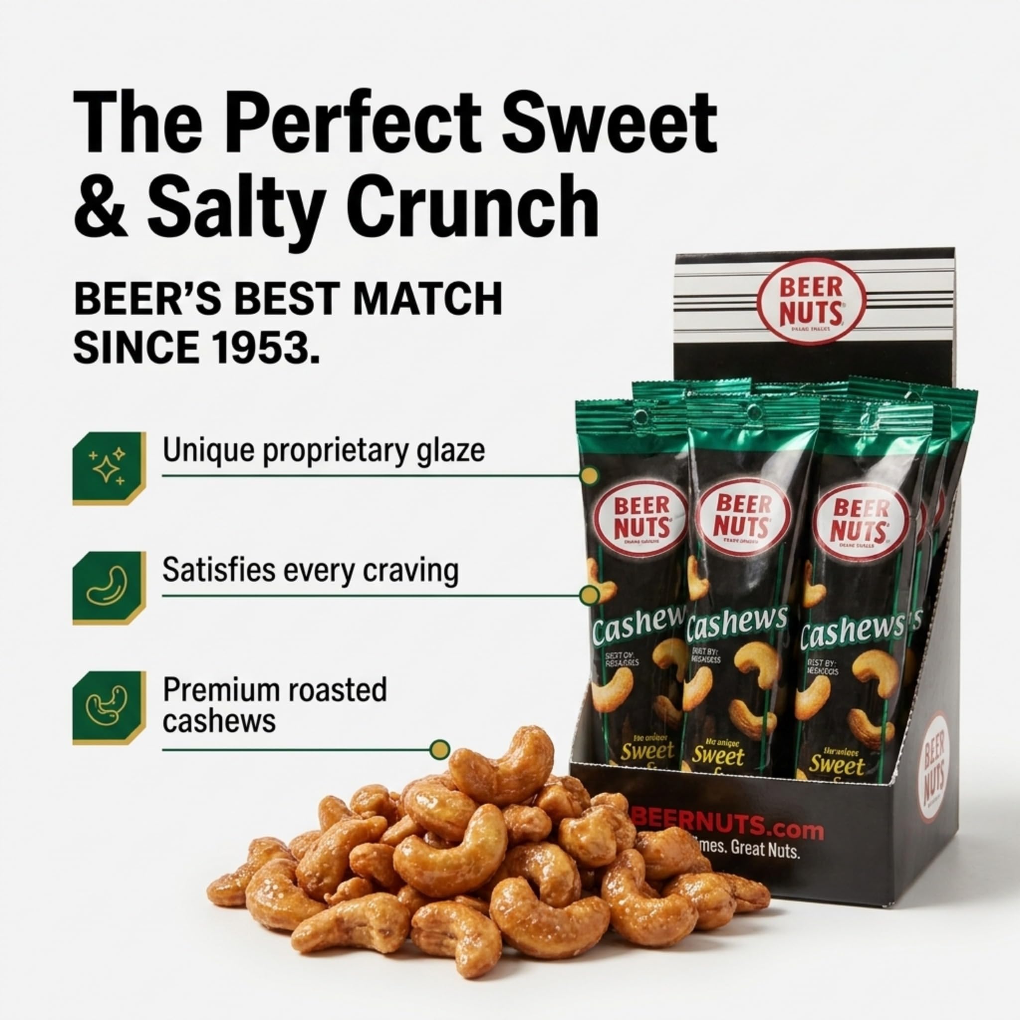 BEER NUTS Individual Tube Bags Display, Sweet & Salty Bar Nuts - Gluten Free, Kosher, Low Sodium Peanut Snacks Made In The USA (12 Pack) (12 Count