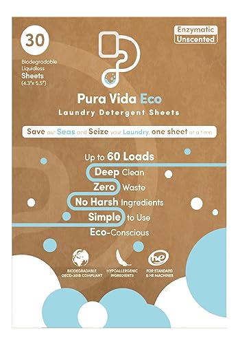 Pura Vida Eco Laundry Detergent Sheets - 30 Sheets (up to 60 Loads) - Unscented - Ideal for Travel, Baby Clothes - Compact, Liquidless