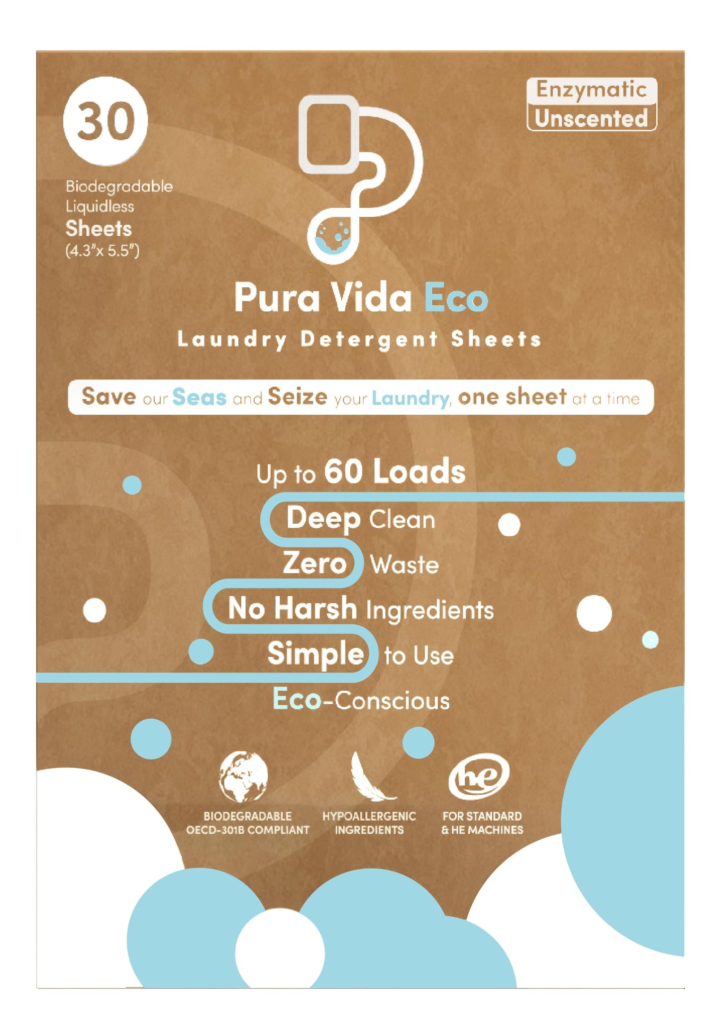Pura Vida Eco Laundry Detergent Sheets - 30 Sheets (up to 60 Loads) - Unscented - Ideal for Travel, Baby Clothes - Compact, Liquidless