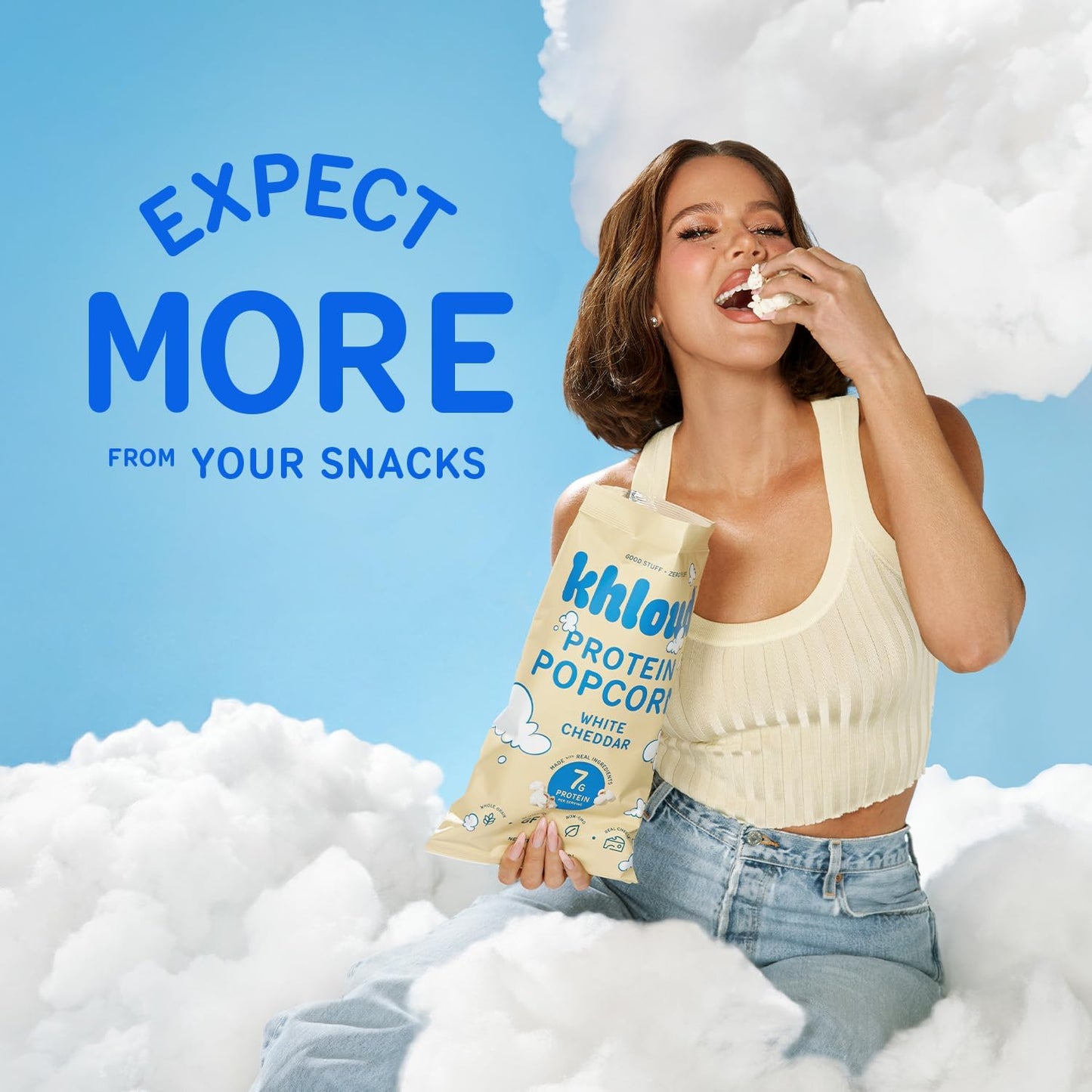 Khloud Protein Popcorn - White Cheddar - 7g Protein Snacks for Adults & Kids - Flavored Popcorn Made with Real Ingredients & Milk Protein Isolate