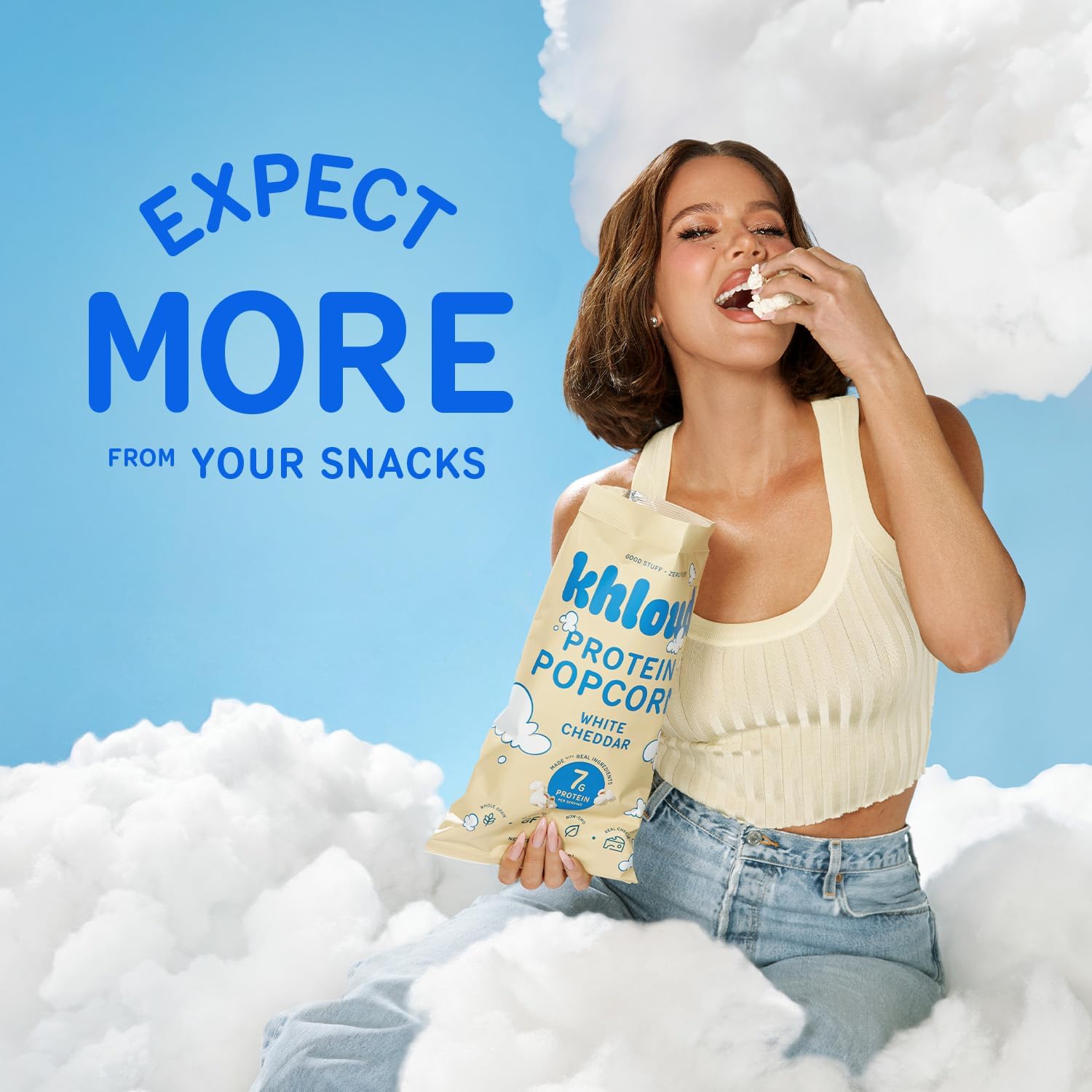 Khloud Protein Popcorn - White Cheddar - 7g Protein Snacks for Adults & Kids - Flavored Popcorn Made with Real Ingredients & Milk Protein Isolate