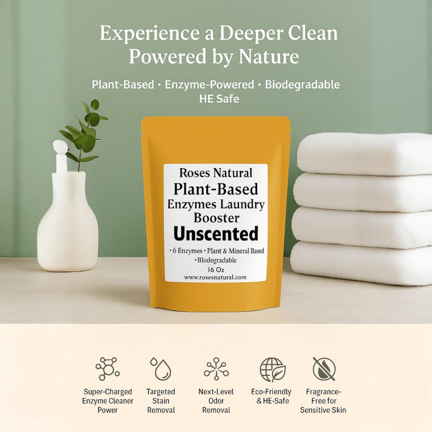 Roses Natural Plant-Based Enzymes Laundry Booster - Unscented | Advanced Enzyme Cleaner & Odor Remover | Powerful Stain Remover for All Fabrics |
