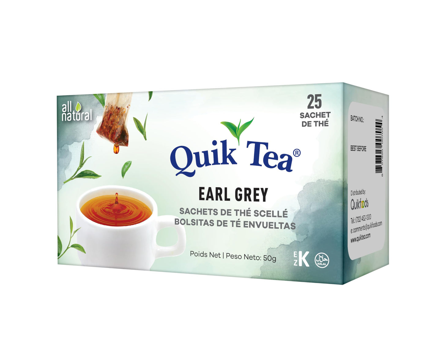 QuikTea Earl Grey Black Tea - 25 Count - All Natural, Preservative Free - Natural Bergamot Flavor, Premium Assam Black Tea - Easy To Brew, Kosher