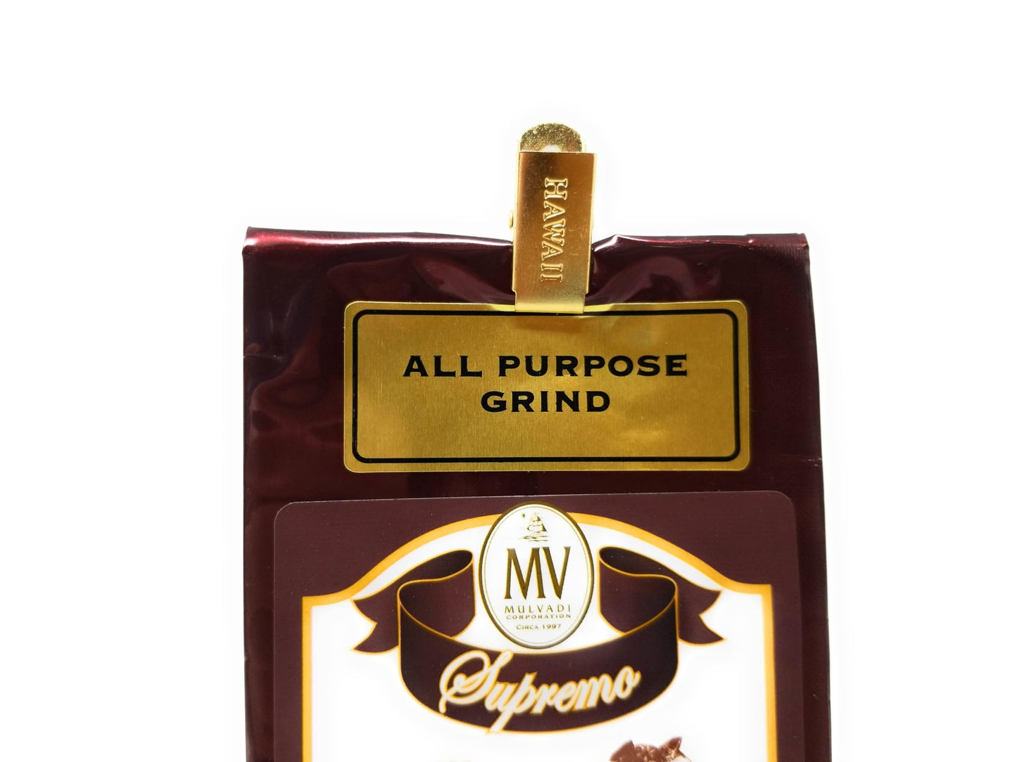 Mulvadi 10% Kona Coffee Blend, All Purpose Grind, 7 oz Resealable Bag with Aloha Hawaii Bag Clip - Medium Roast Hawaiian Coffee Blend