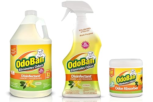OdoBan Ready-to-Use Disinfectant and Odor Eliminator, Set of 3, 32 oz Spray, 1 Gallon Concentrate and 14 oz Solid Odor Absorber, Citrus Scent