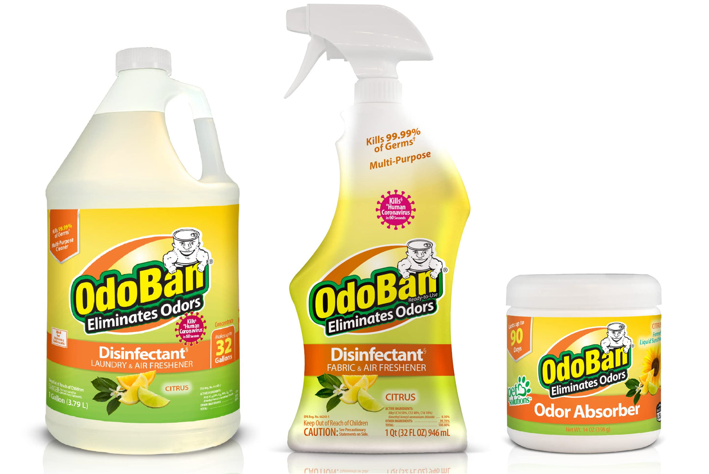 OdoBan Ready-to-Use Disinfectant and Odor Eliminator, Set of 3, 32 oz Spray, 1 Gallon Concentrate and 14 oz Solid Odor Absorber, Citrus Scent