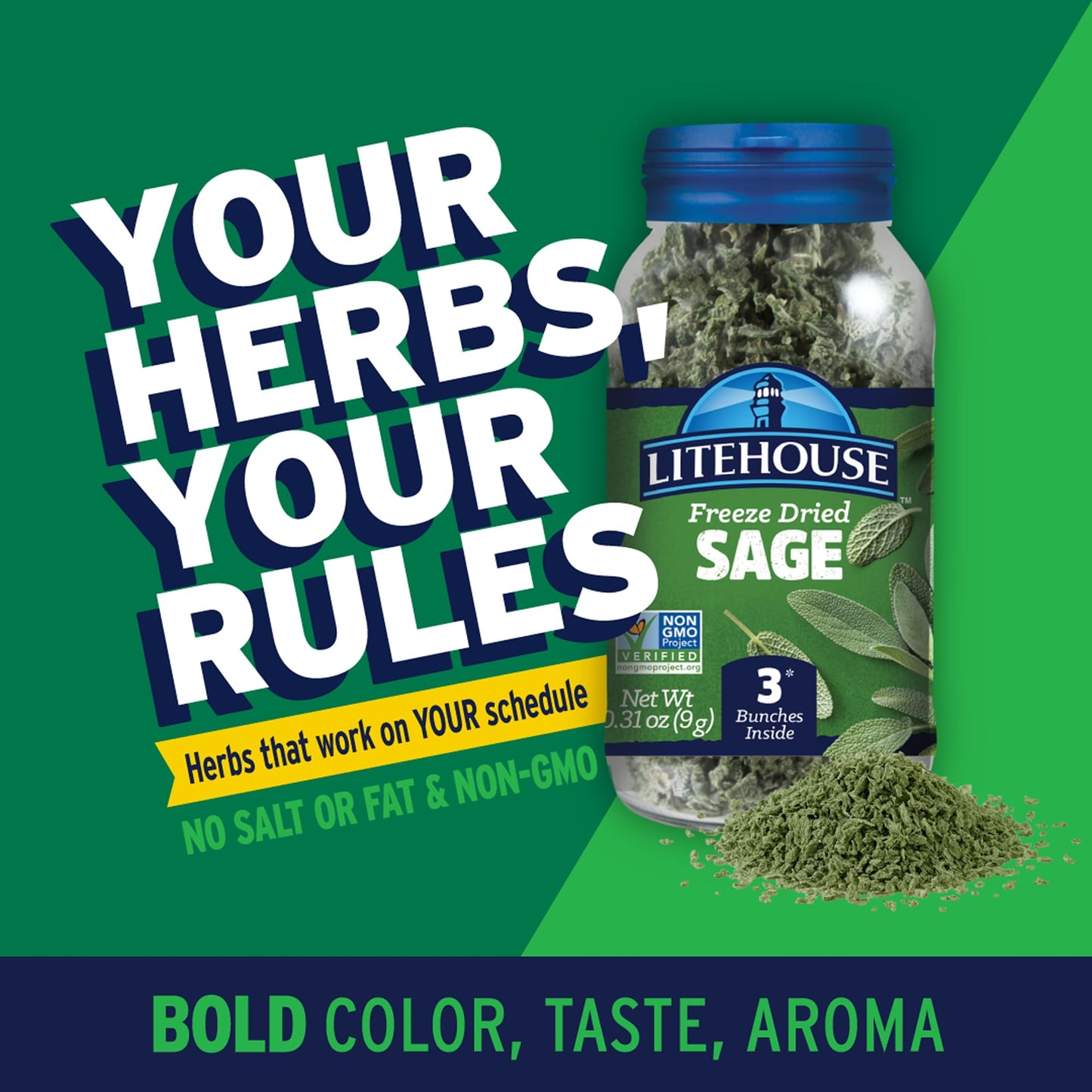 Litehouse Freeze Dried Sage - Substitute for Fresh Sage, Jar Equal to 3 Sage Fresh Bunches, Organic, Sage Seasoning, Non-GMO, Gluten-Free - 0.30 Ounce