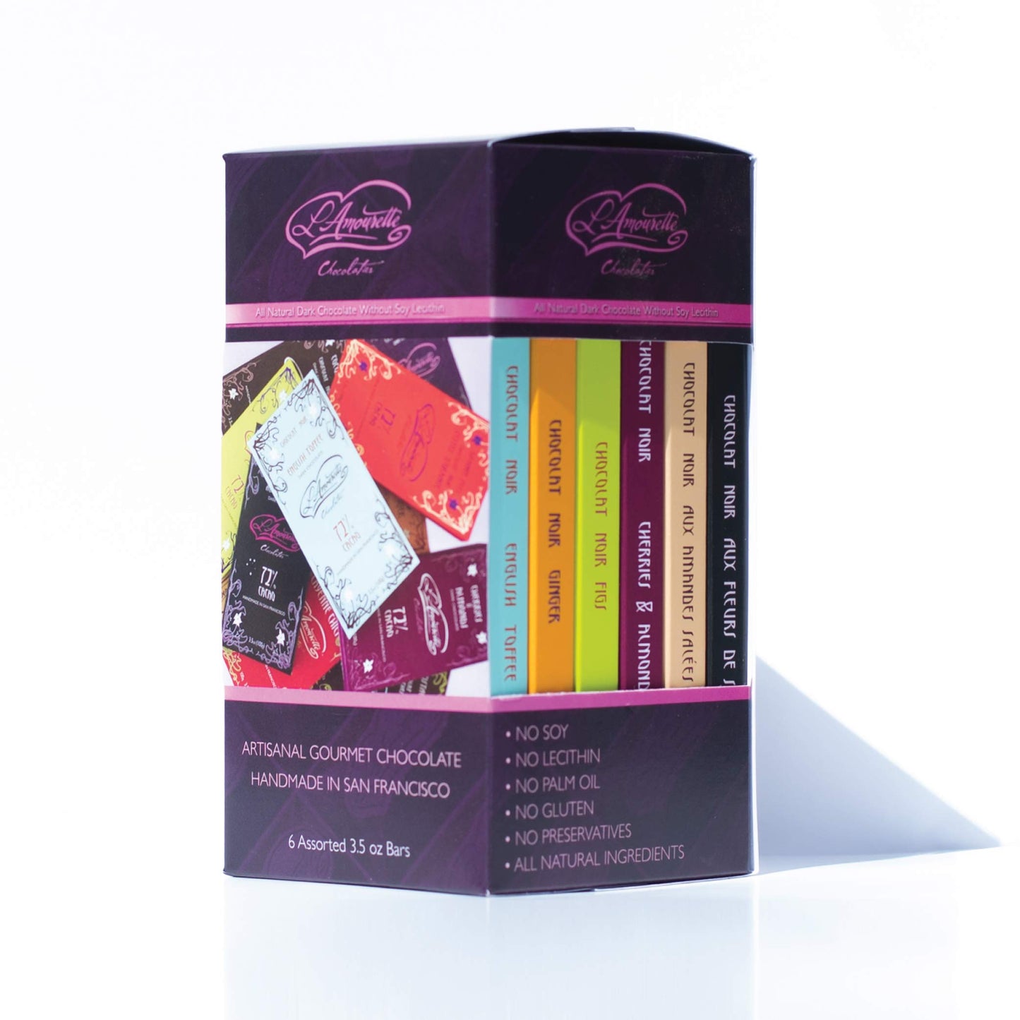 LAmourette Chocolat Gourmet Assorted Dark Chocolate Bars Gift Box (6 Bars) Hand Made in San Francisco