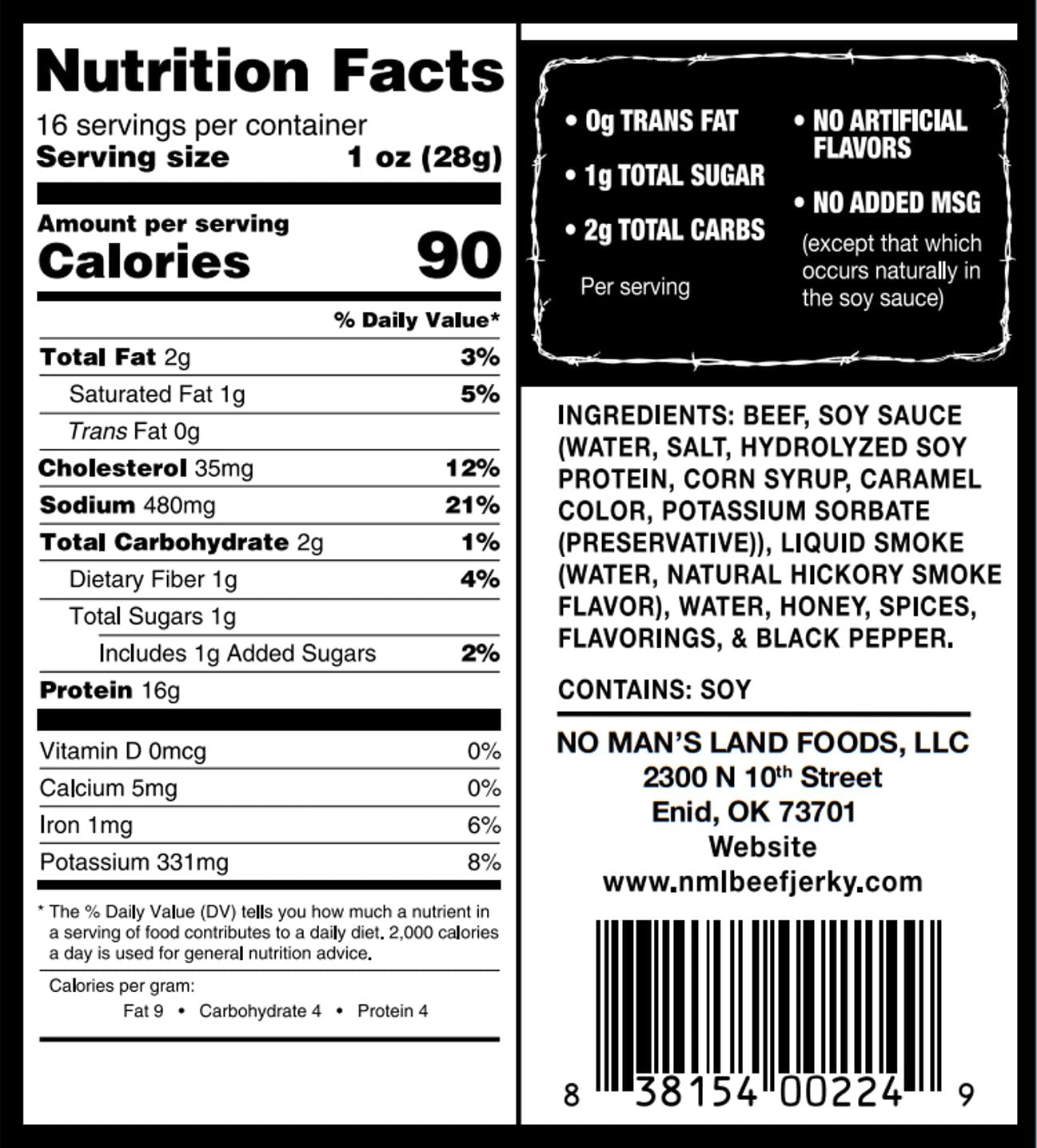 No Man’s Land Beef Jerky - Low Calorie, Low Carb, High Protein Beef Snack - Flavor BLACK PEPPER 16oz (Pack of 1)