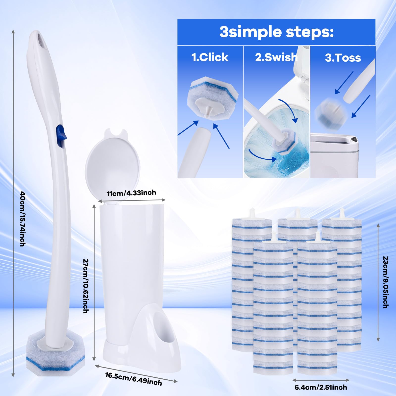 LufamlyGo Upgraded Disposable Toilet Brush and Holder Set, 50 Toilet Wand Refills with Thickened Cleaning Layer, Won't Fall Apart, Large Opening