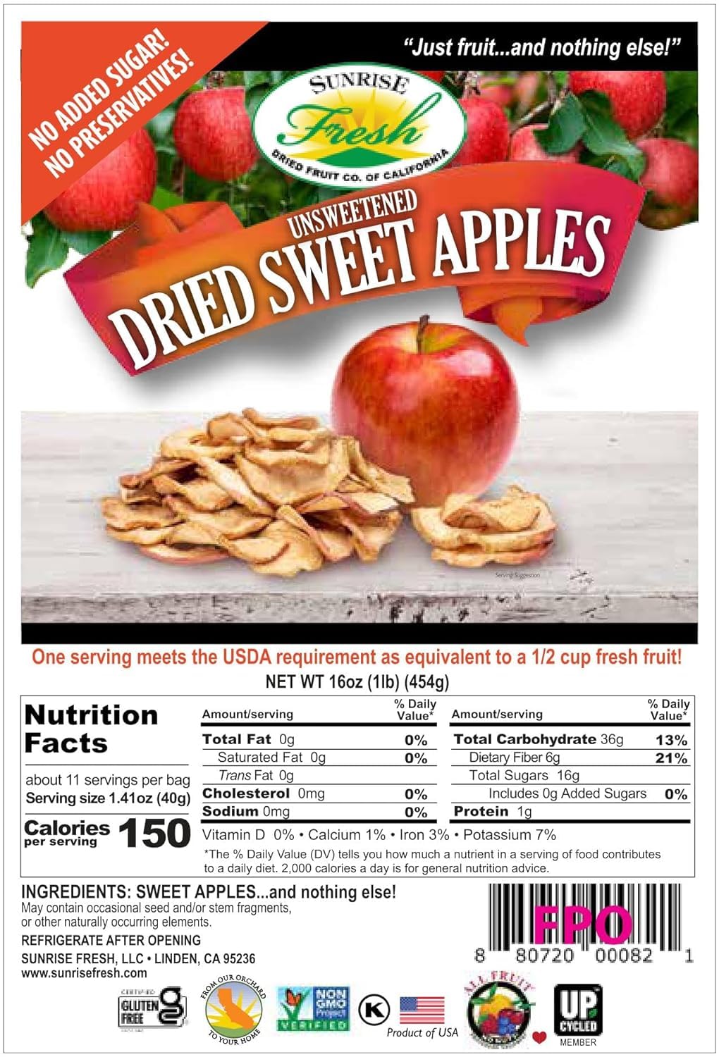 Sunrise Fresh No Sugar Added Dried Sweet Apples: Gluten-Free, Low-Calorie, No Preservatives, Unsulfured -1 lb Resealable Bag of Dehydrated Apple