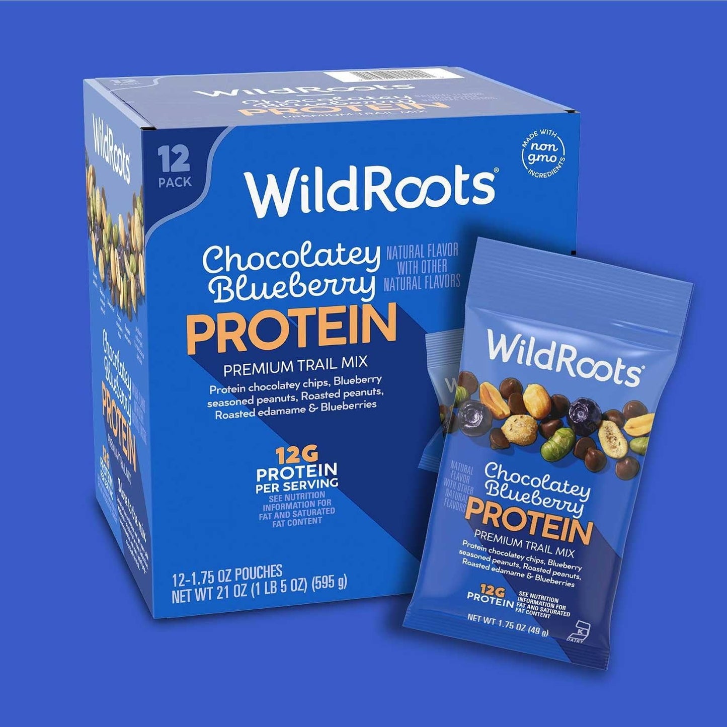 WildRoots Chocolatey Blueberry Protein Premium Trail Mix, 12-Pack Snack Pouches (1.75 oz Each), 12g Protein per Serving, Non-GMO Ingredients
