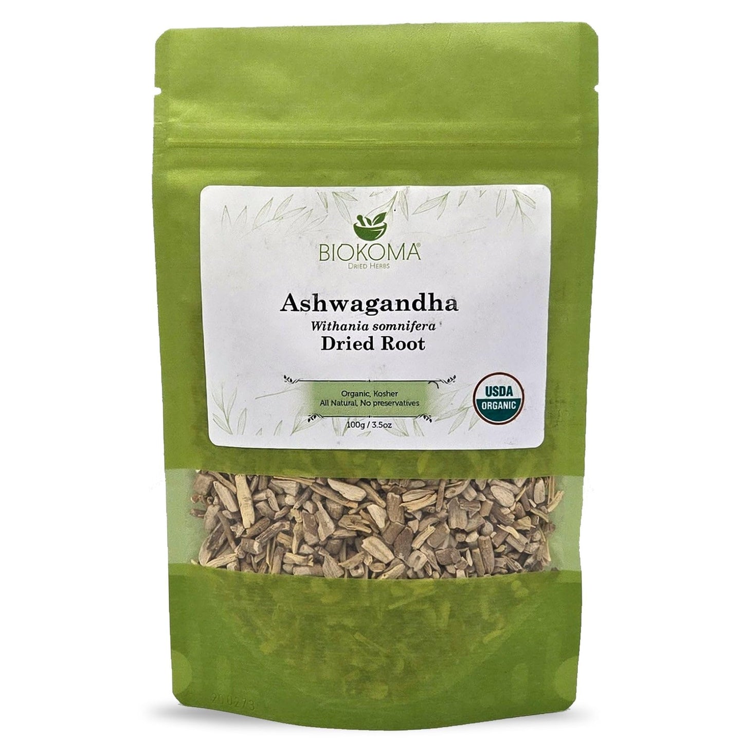 Biokoma Organic Ashwagandha Root 3.55oz USDA Organic Withania Somnifera Natural Adaptogenic Herb Dried & Cut Herbal Tea DIY Powder Wellness Resealable