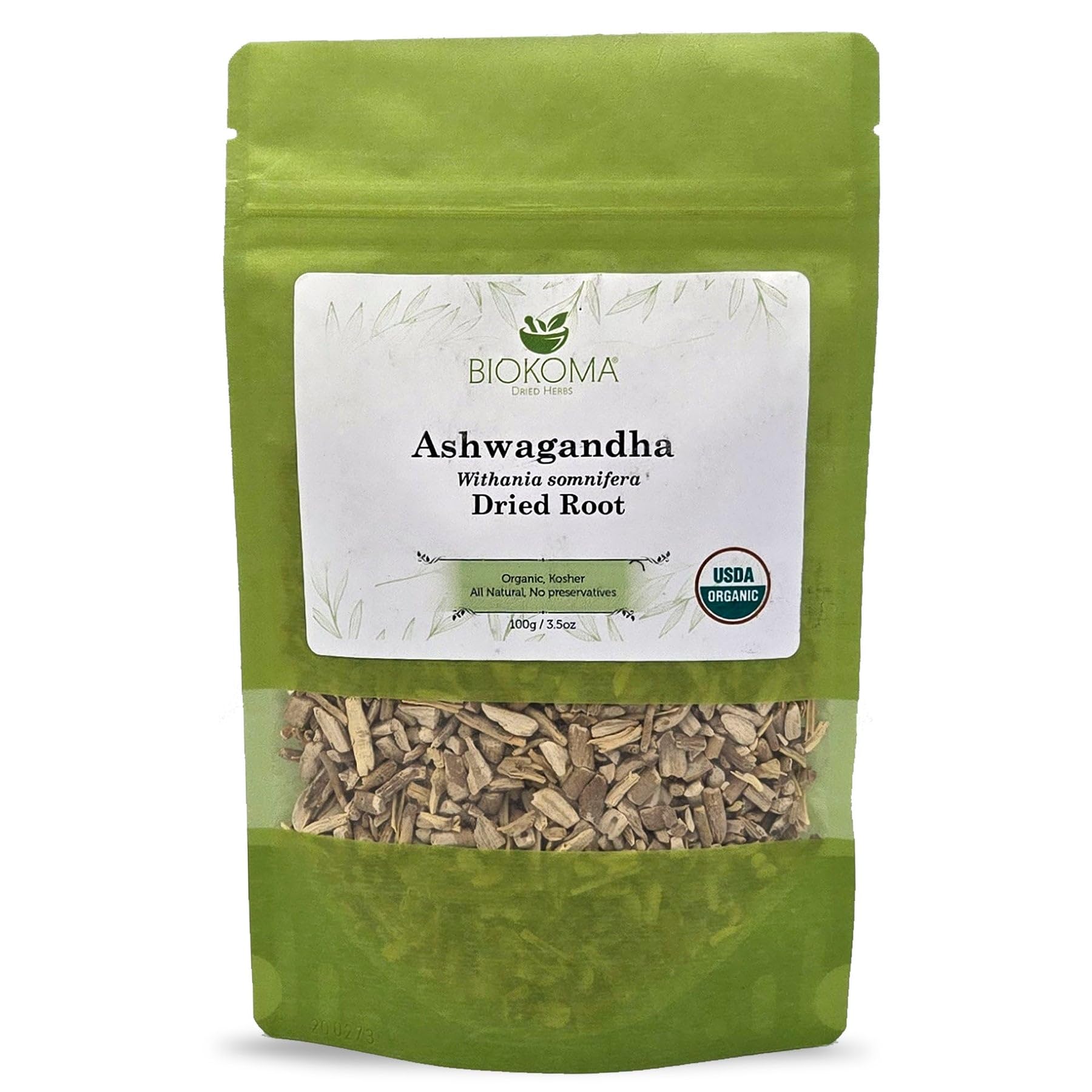 Biokoma Organic Ashwagandha Root 3.55oz USDA Organic Withania Somnifera Natural Adaptogenic Herb Dried & Cut Herbal Tea DIY Powder Wellness Resealable