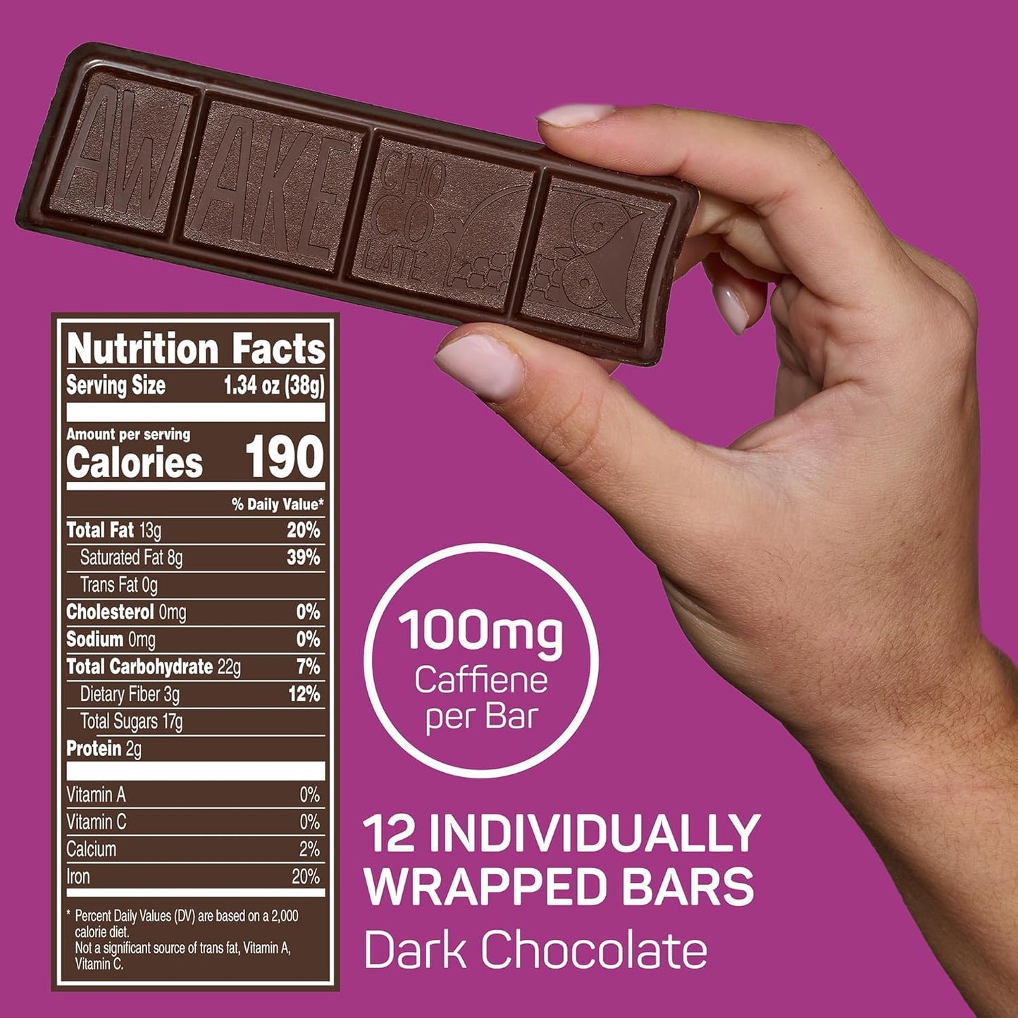 Awake Caffeinated Chocolate Bars - Dark Chocolate, 12 Bars - 100mg Caffeine - 1 Bar Equals 1 Cup of Coffee - Individually Wrapped Energy - Fairtrade