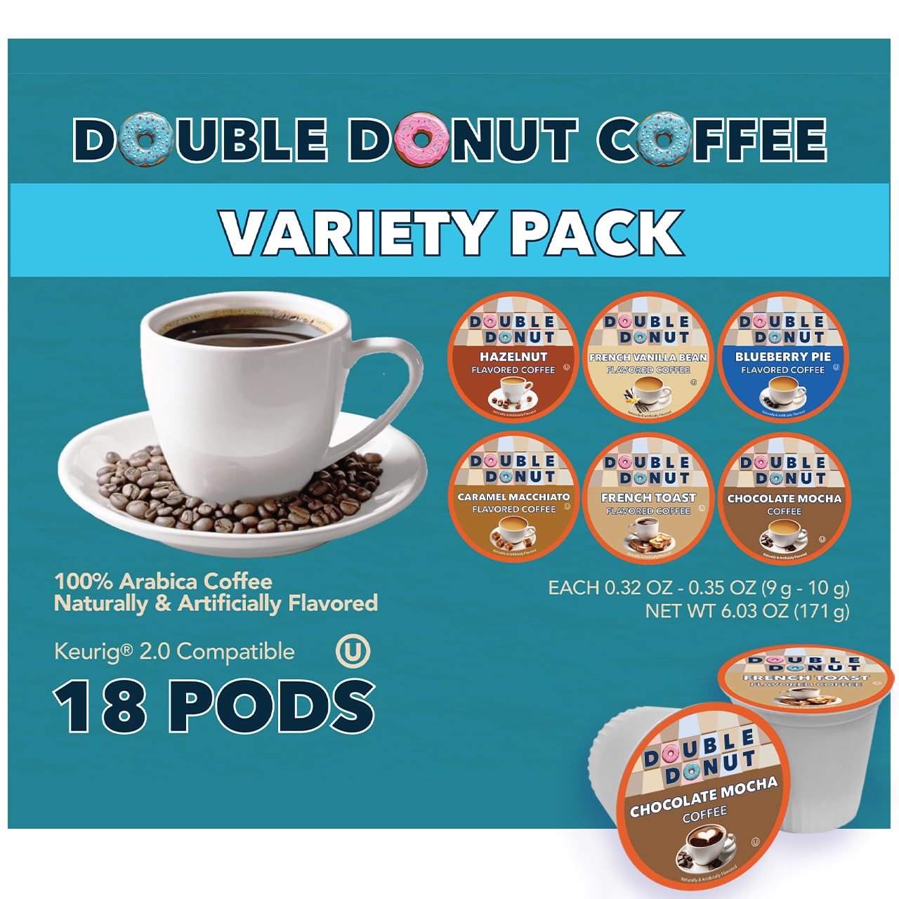 Double Donut Coffee Flavored Coffee Variety Pack, Includes Hazelnut, Caramel, Chocolate Coffee & More, Single Serve Pods for Keurig K Cups Machines
