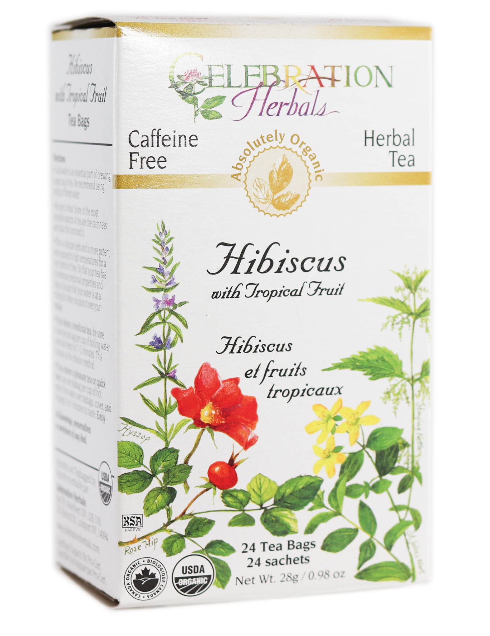 Celebration Herbals Organic Hibiscus with Tropical Fruit Tea Caffeine Free -- 24 Tea Bags 28g