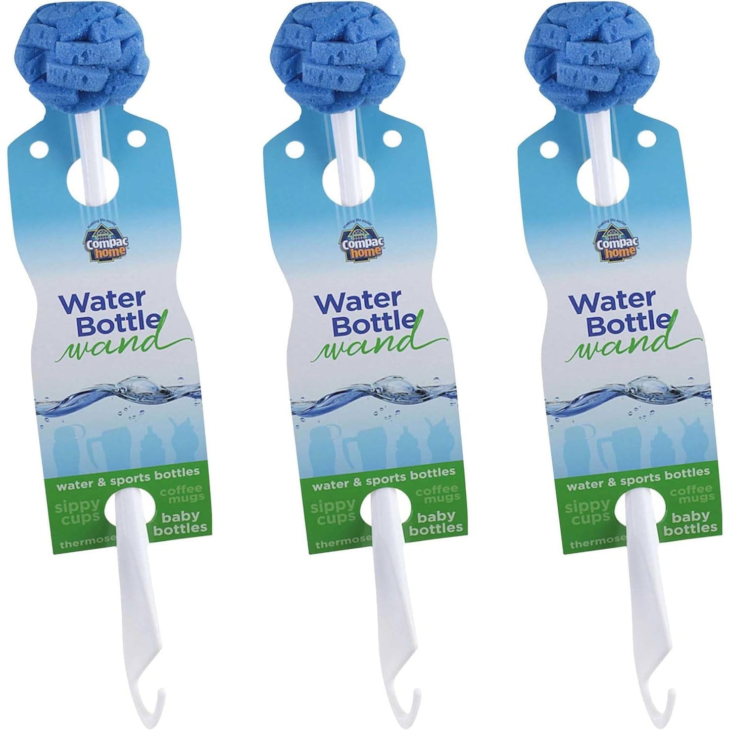 Compac Home Water Bottle Wand 12 inch Long Handle Sponge Petals Brush/Clean Thermos, Coffee Mugs, Sport Bottles, 3 Count