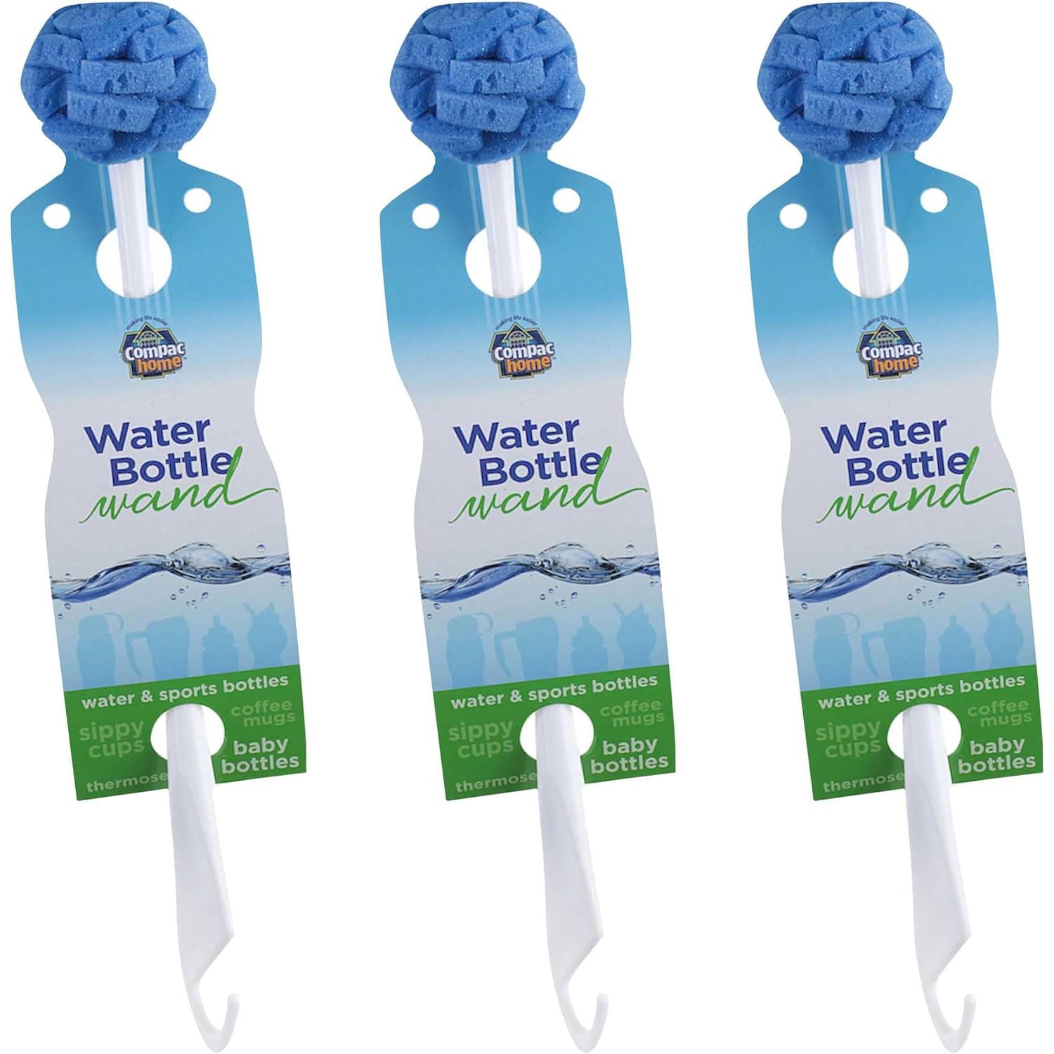 Compac Home Water Bottle Wand 12 inch Long Handle Sponge Petals Brush/Clean Thermos, Coffee Mugs, Sport Bottles, 3 Count