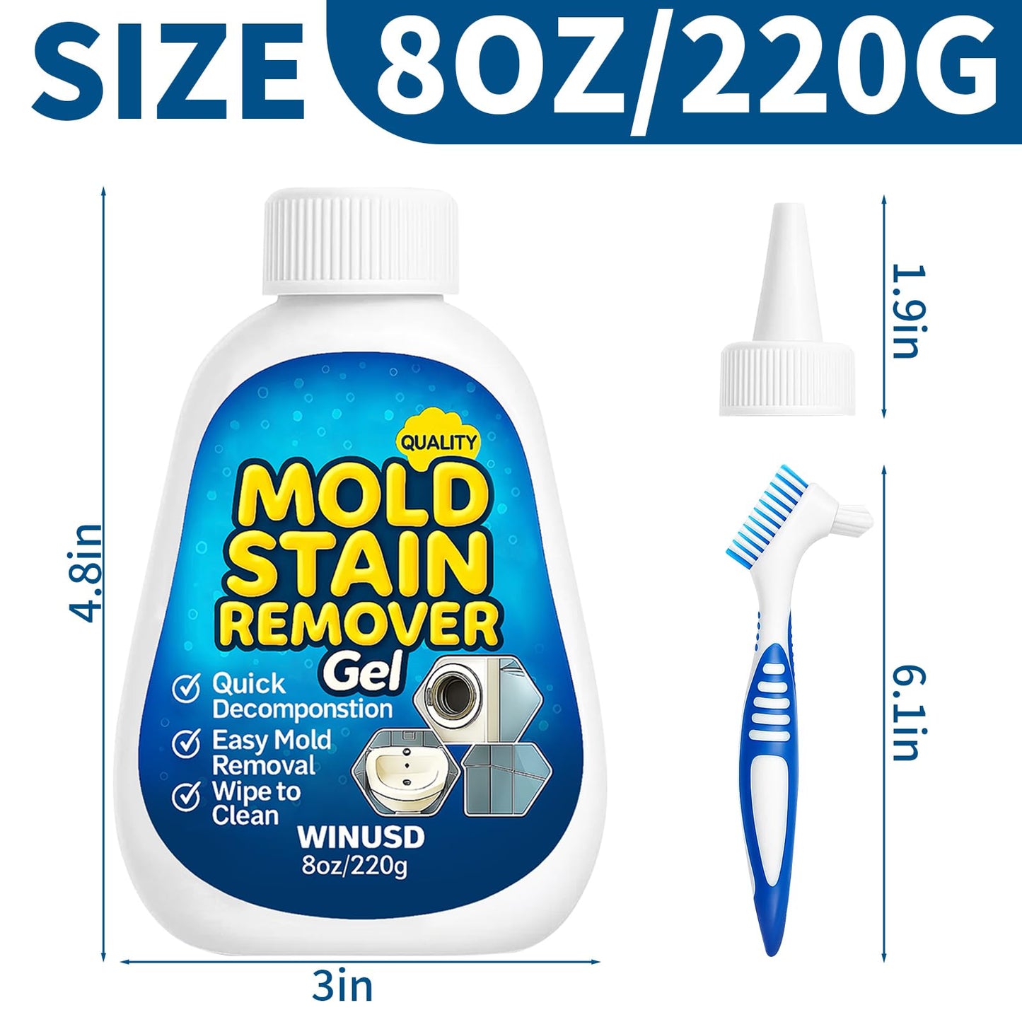 WINUSD 8OZ Active Stain Remover Gel Cleaner for Washing Machine Seal, Bathroom Grout, Shower Caulk, Tile, Walls, Toilet Bowl, Sink, Silicone