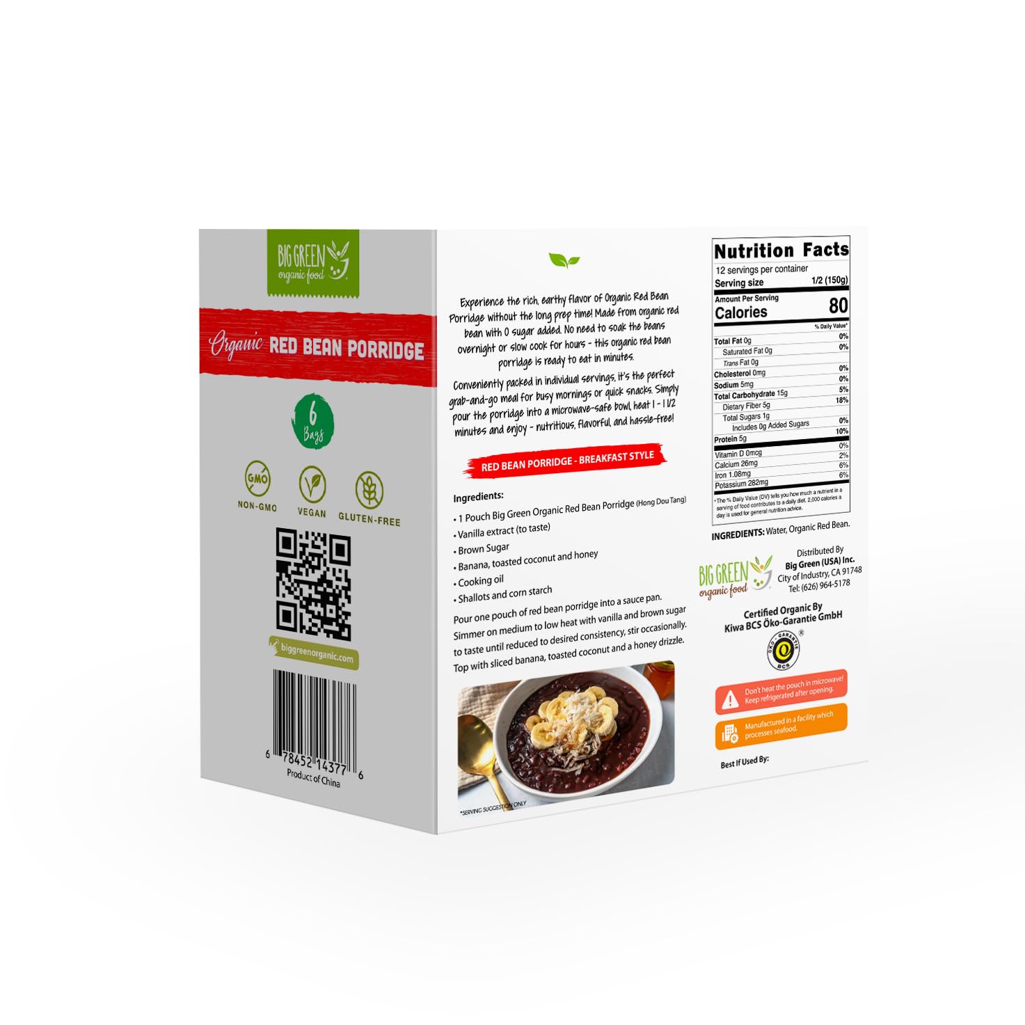 Big Green Organic Food - Organic Red Bean Porridge, Whole Adzuki Beans, Unsweetened, Non-GMO, Gluten-Free, Vegan, Healthy Breakfast, Easy Instant