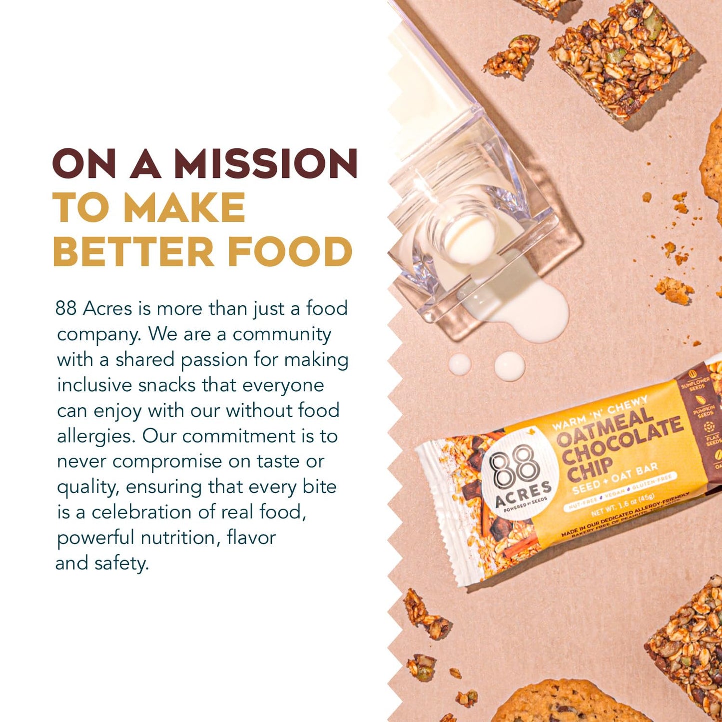 88 Acres Granola Bars, Oatmeal Chocolate Chip, 6 Count, School Safe, Allergen Free Seed & Oat Snack Bar, Gluten & Nut Free, Vegan, Non-GMO & Kosher