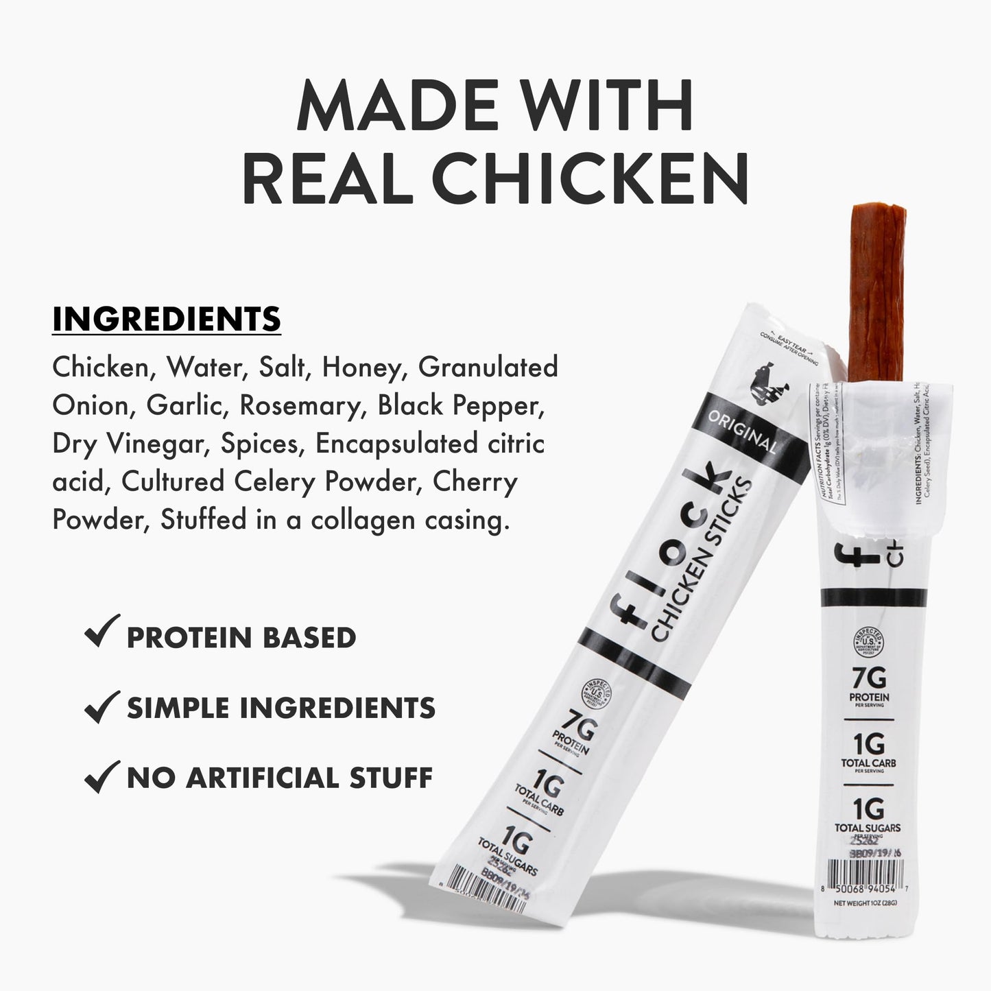 Flock Chicken Meat Sticks 10 Count | GLP-1 Friendly High Protein Chicken Sticks 7g Protein | Healthy Meat Snacks Keto | Protein Meat Sticks Low Carb |