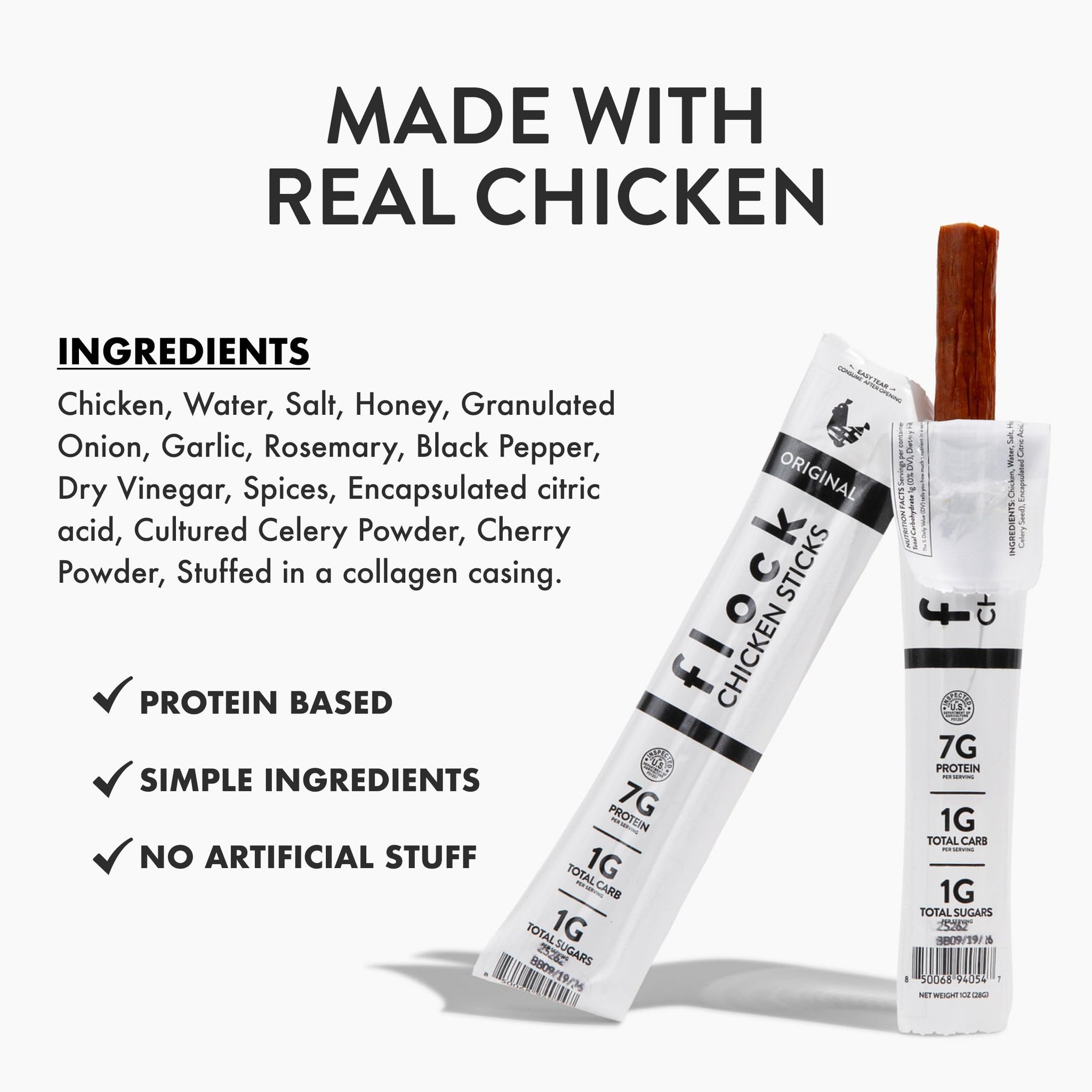Flock Chicken Meat Sticks 10 Count | GLP-1 Friendly High Protein Chicken Sticks 7g Protein | Healthy Meat Snacks Keto | Protein Meat Sticks Low Carb |