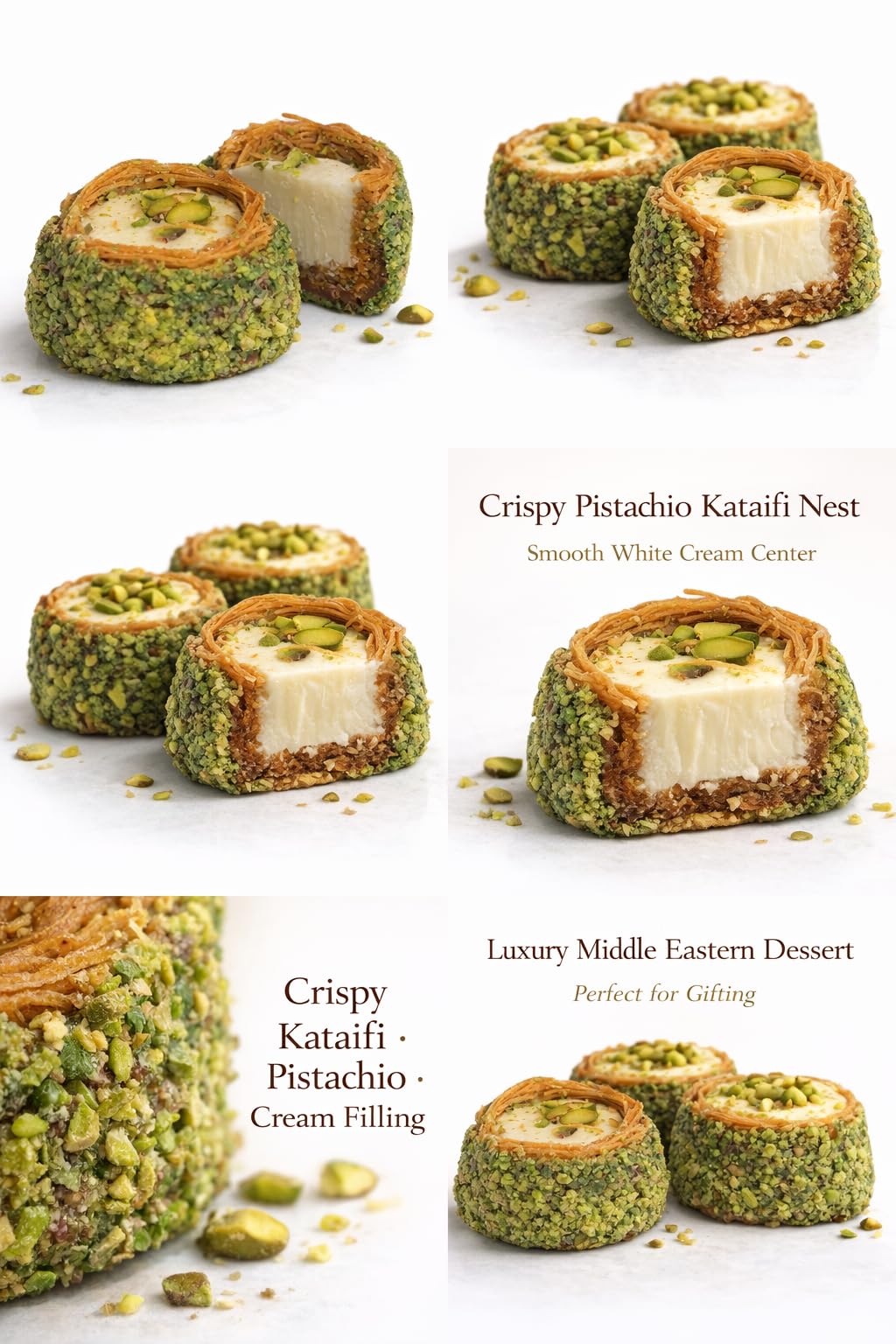 Omniya Crispy Pistachio Kataifi Nest with Cream Filling - Luxury Middle Eastern Dessert with Ashta or White Chocolate Cream Center - Gourmet Gift