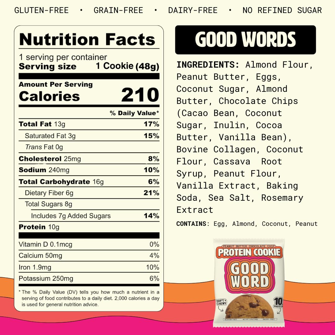 Good Word, Soft & Chewy Peanut Butter Protein Cookie, 10g Protein, Gluten Free, Dairy Free, No Refined Sugar, 1.69 oz