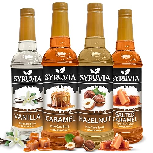 Syruvia Coffee Syrup Variety Pack Vanilla, Caramel, Hazelnut & Salted Caramel Kosher, 25.4 fl oz bottles - Elevate Your Coffee Experience!