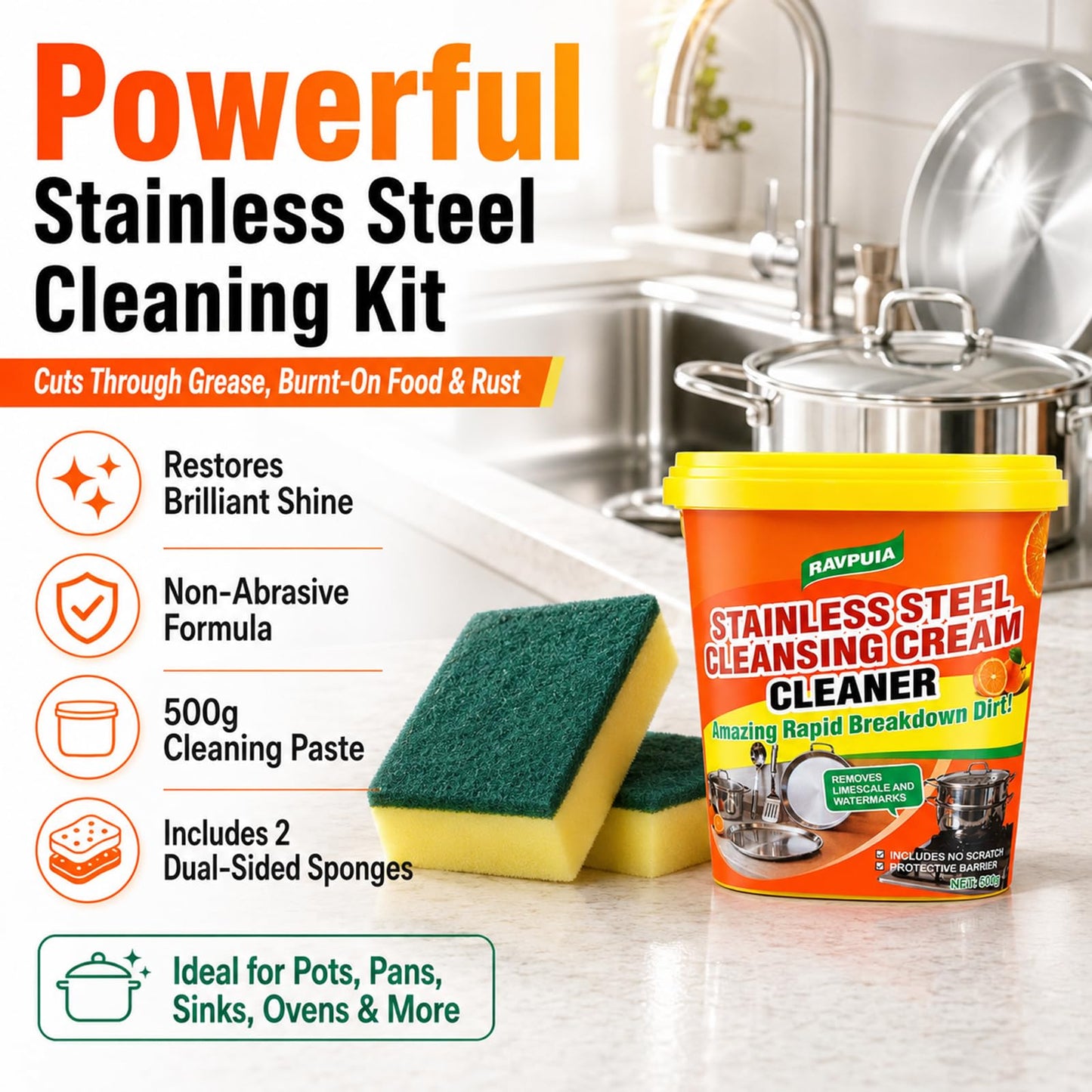 STAINLESS STEEL CLEANER & POLISH - Heavy Duty Cleaning Paste for Stove, Oven, Pans, Cookware, Sink | All Purpose Multi-Purpose Household Cleaner |