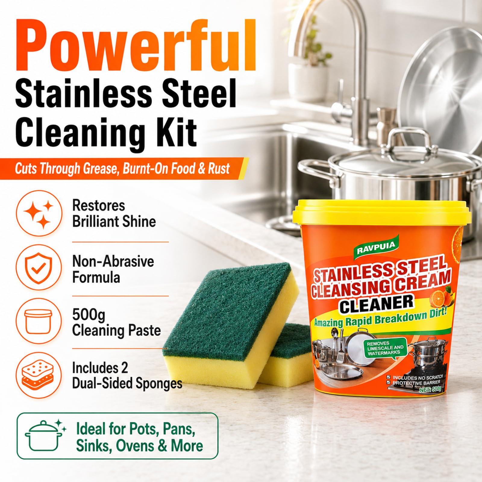 STAINLESS STEEL CLEANER & POLISH - Heavy Duty Cleaning Paste for Stove, Oven, Pans, Cookware, Sink | All Purpose Multi-Purpose Household Cleaner |