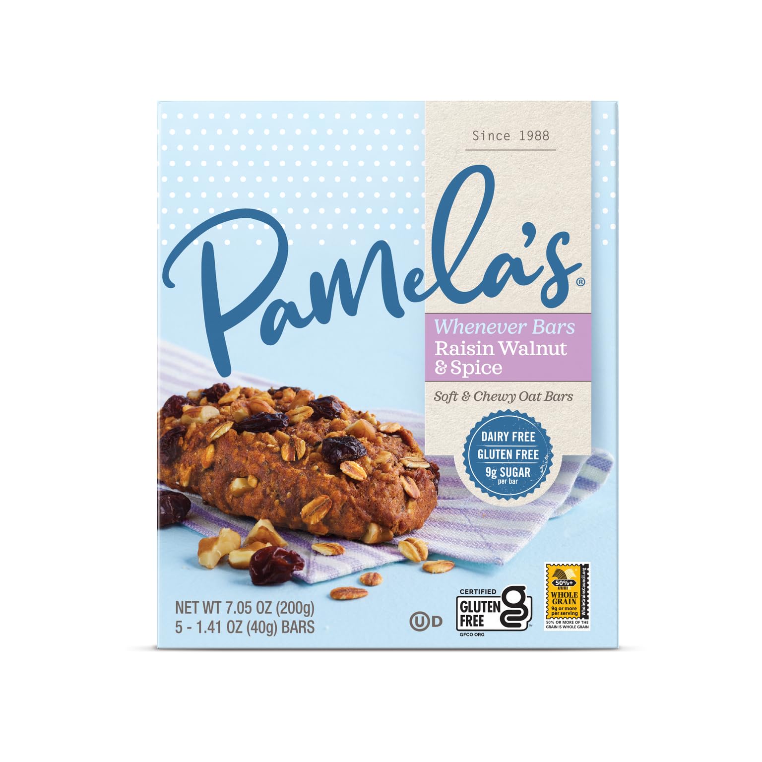Pamela’s Whenever Bars for Breakfast and On-The-Go Snacks, Soft and Chewy Oat Bars, Dairy Free Gluten Free, Raisin Walnut and Spice, 7.05 Ounce (Pack