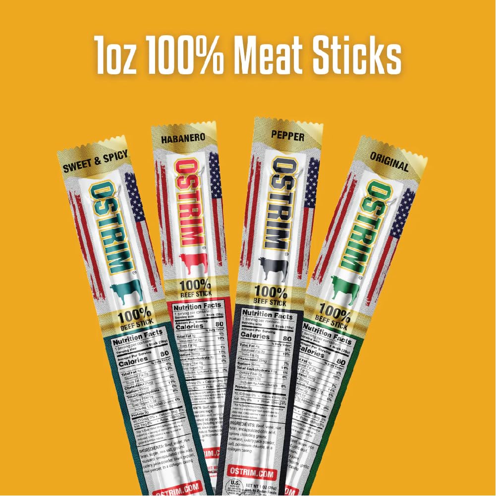 Ostrim Beef Snack Sticks, 1oz, High Protein, Keto & Paleo Friendly, Sugar Free, Gluten Free, No MSG, No Nitrates (Pack of 12) (1 oz, Pepper)