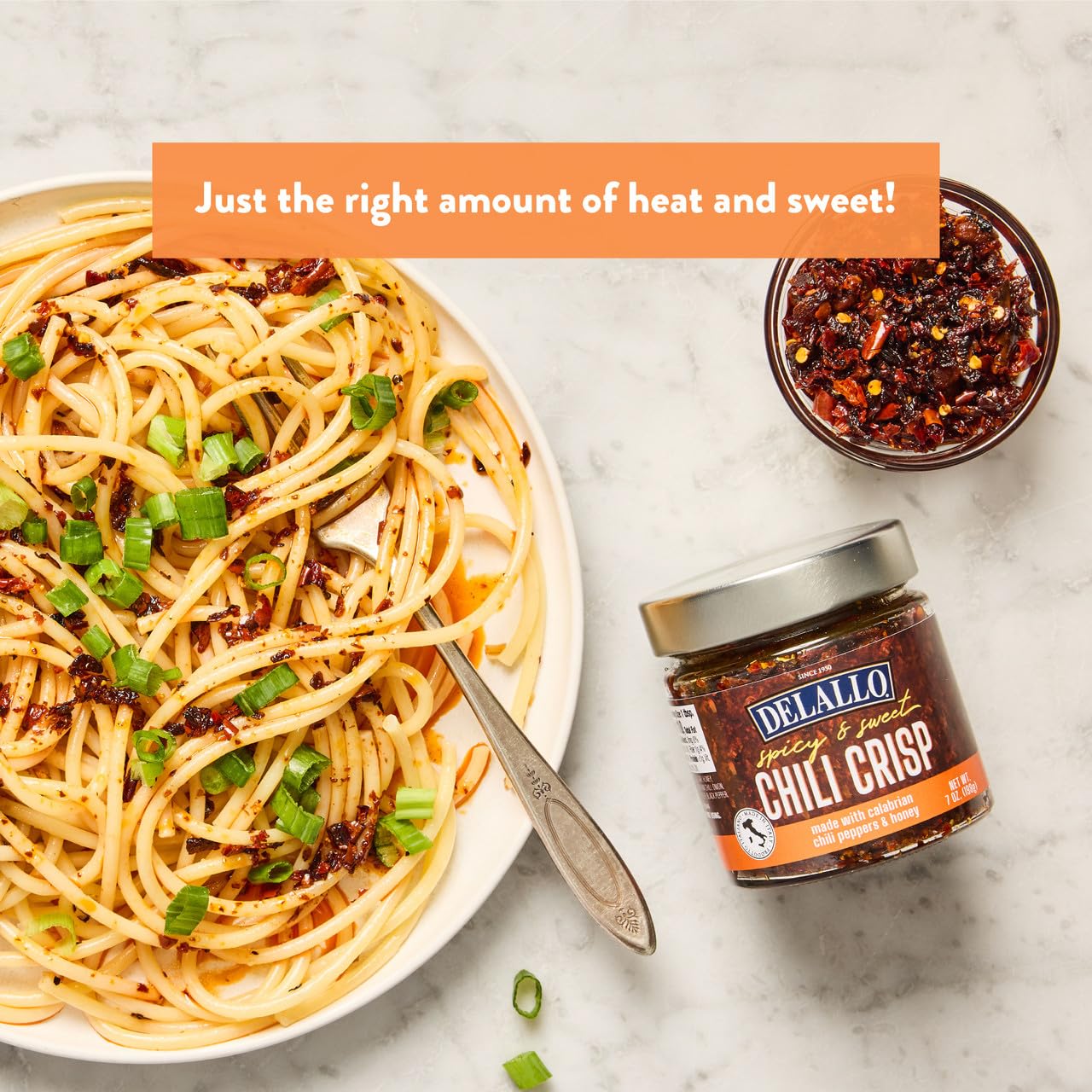 DeLallo Spicy and Sweet Chili Crisp, Made with Calabrian Chili Peppers, Sichuan Peppers, and Porcini Mushrooms, Made in Italy, Non-GMO, Kosher, Vegan