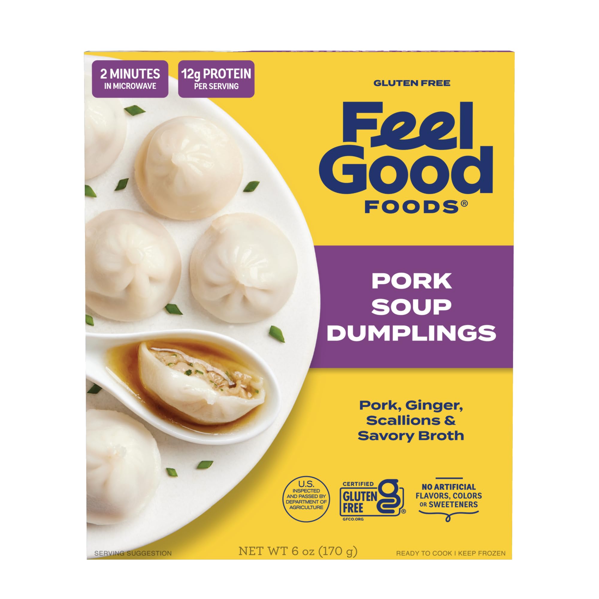 Feel Good Foods Pork Soup Dumplings Frozen - Gluten Free Dumplings with Savory Broth, Scallions and Ginger, Snacks & Appetizers, 6 Ounce