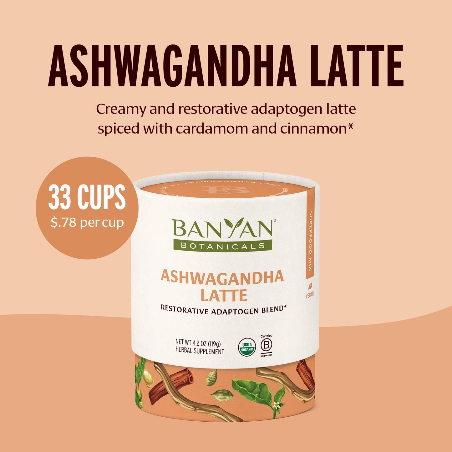 Banyan Botanicals Ashwagandha Latte - Caffeine-Free Organic Herbal Latte Mix - Instant Herbal Adaptogen Drink for Energy, Relaxation, and Nourishment*
