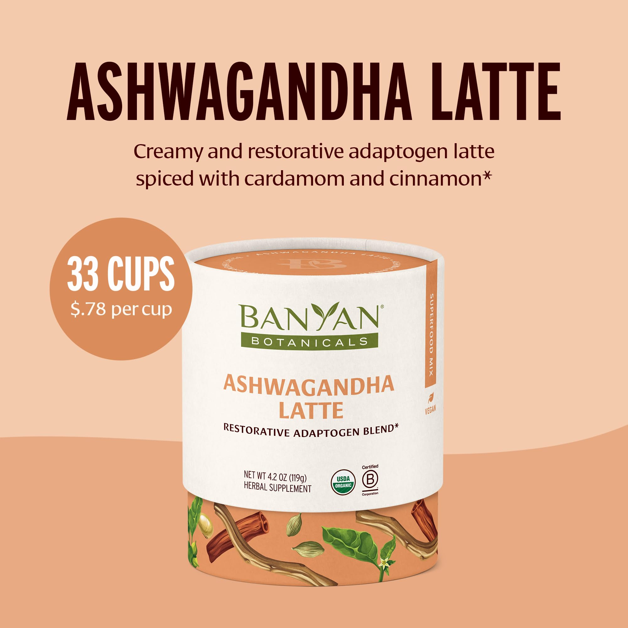 Banyan Botanicals Ashwagandha Latte - Caffeine-Free Organic Herbal Latte Mix - Instant Herbal Adaptogen Drink for Energy, Relaxation, and Nourishment*