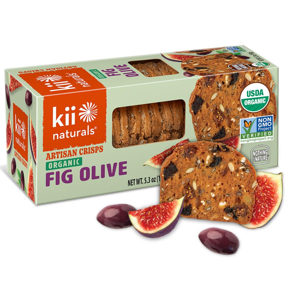 Kii Naturals Organic Artisan Crisps, Healthy Snack Crackers for Cheese & Charcuterie Boards; Non-GMO, USDA Organic, Kosher, No Preservatives - Fig
