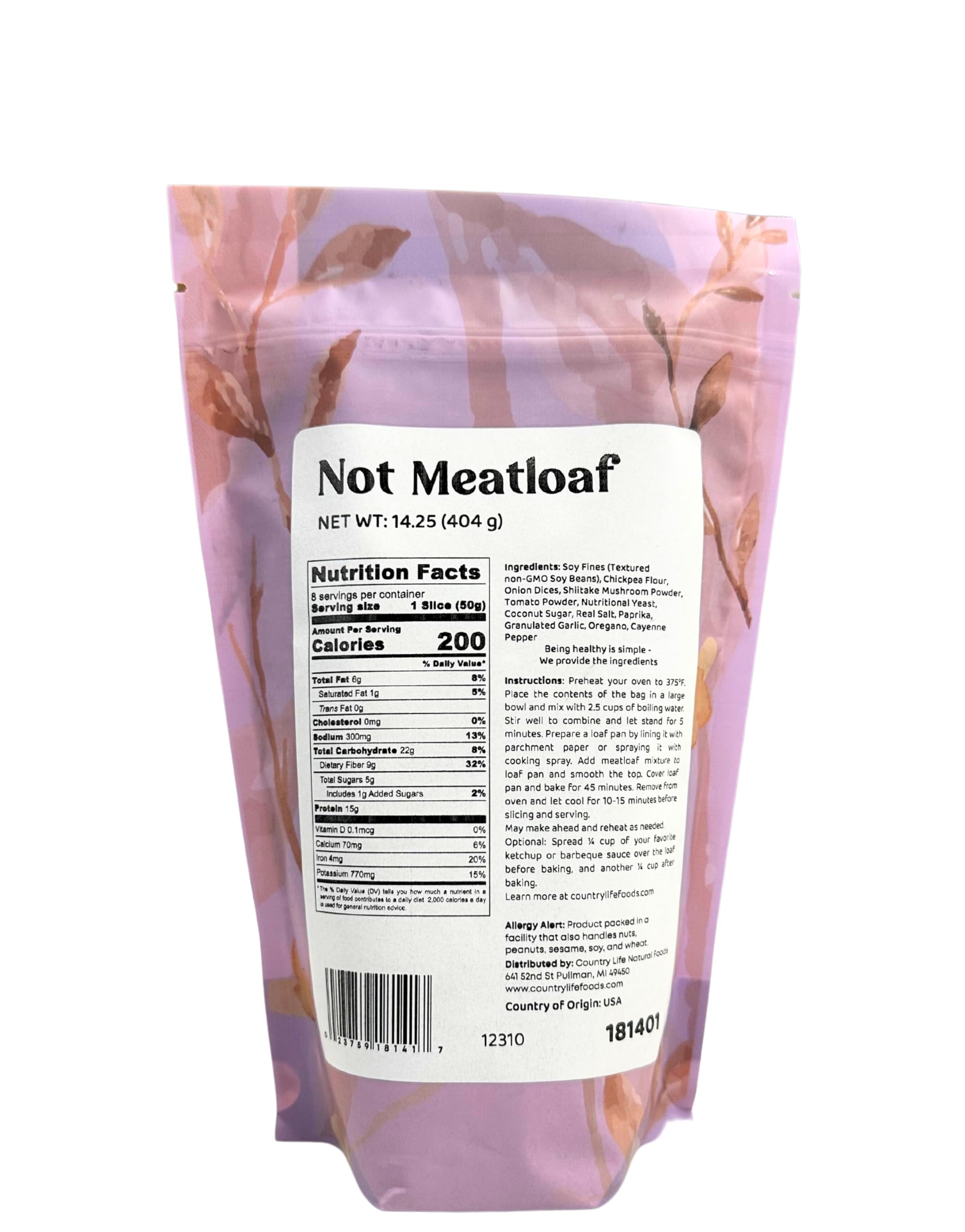 Country Life Natural Foods Not Meatloaf Mix | Vegan, Plant-Based | Non-GMO Soy & Chickpea | Hearty Dinner Mix | 14.25 oz