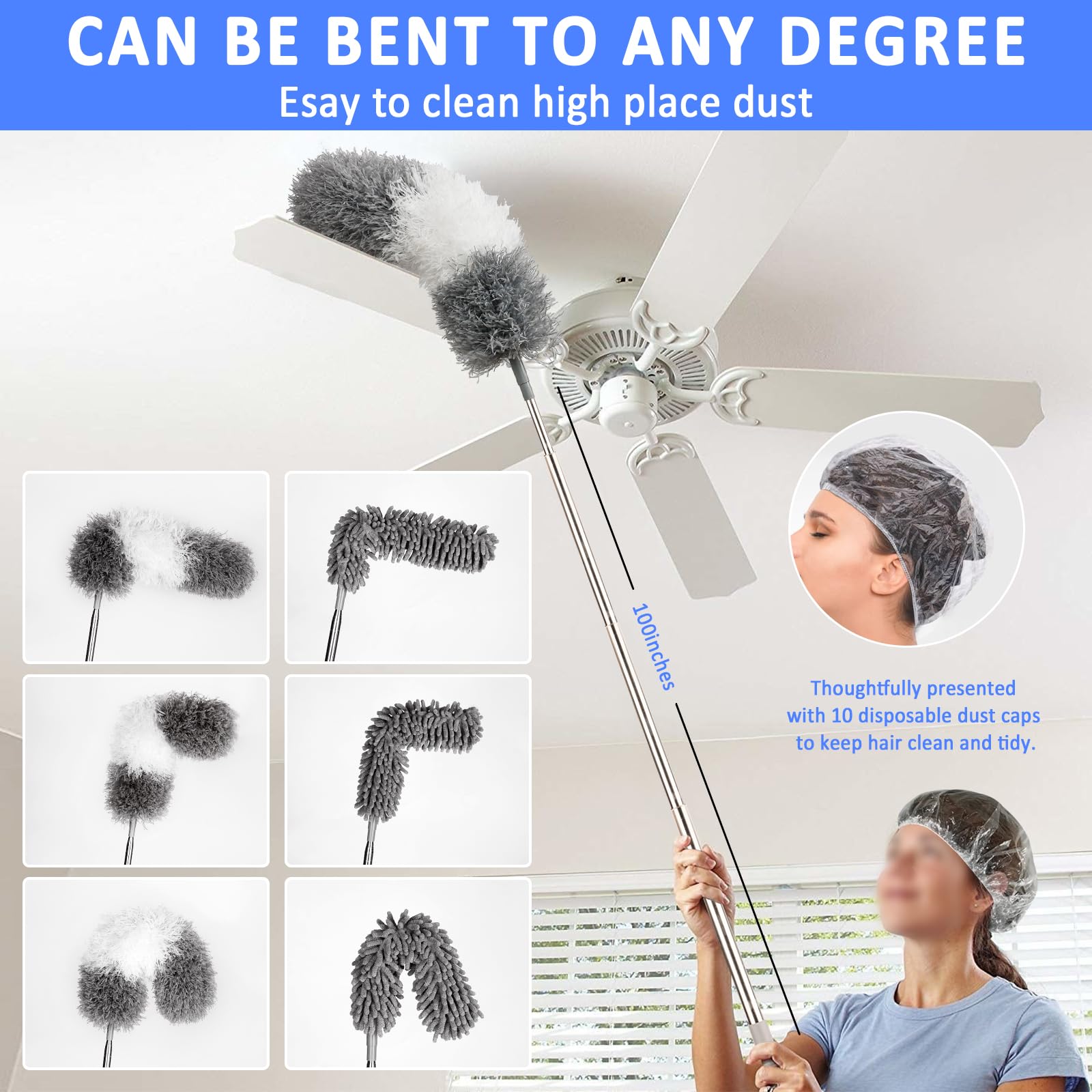 HLWDFLZ Microfiber Duster Kit 23pcs with 30 to 100 Inches Extension Pole and Extendable Window Squeegee, Washable and Bendable Feather Duster
