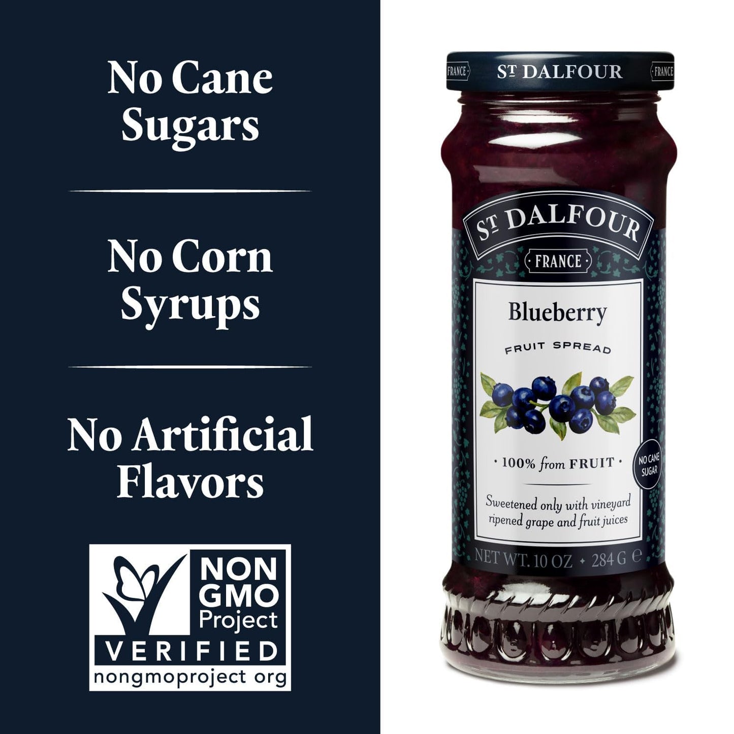 St. Dalfour Blueberry Fruit Spread - 10oz - 100% from Fruit, No Artificial Ingredients, Non-GMO, No Cane Sugars, All Natural, Made in France