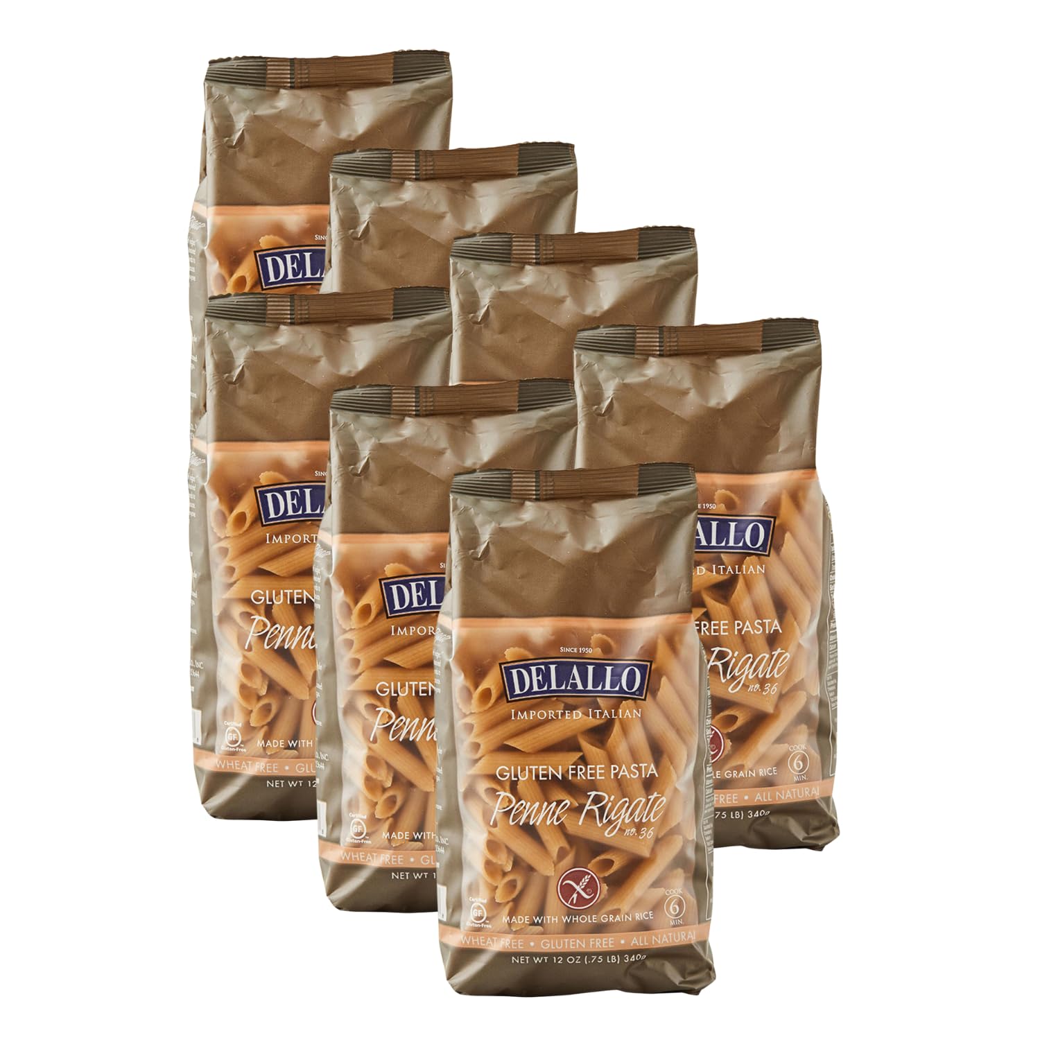 DeLallo Gluten Free Penne Pasta, Non-GMO, Made with Brown Rice Flour, Made in Italy, Whole Grain, Kosher, All Natural, 12 oz Bag, (7 Pack)