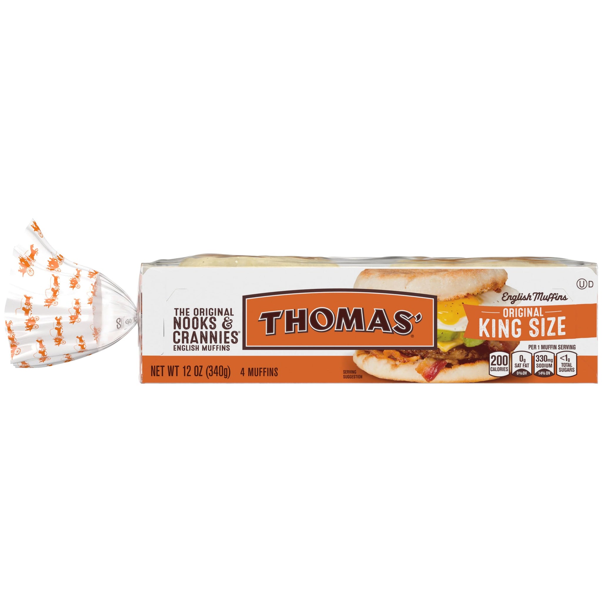 Thomas' Original King Size English Muffins, 4 count, (3.0 oz each), Plain English Muffins, 12 oz Tray