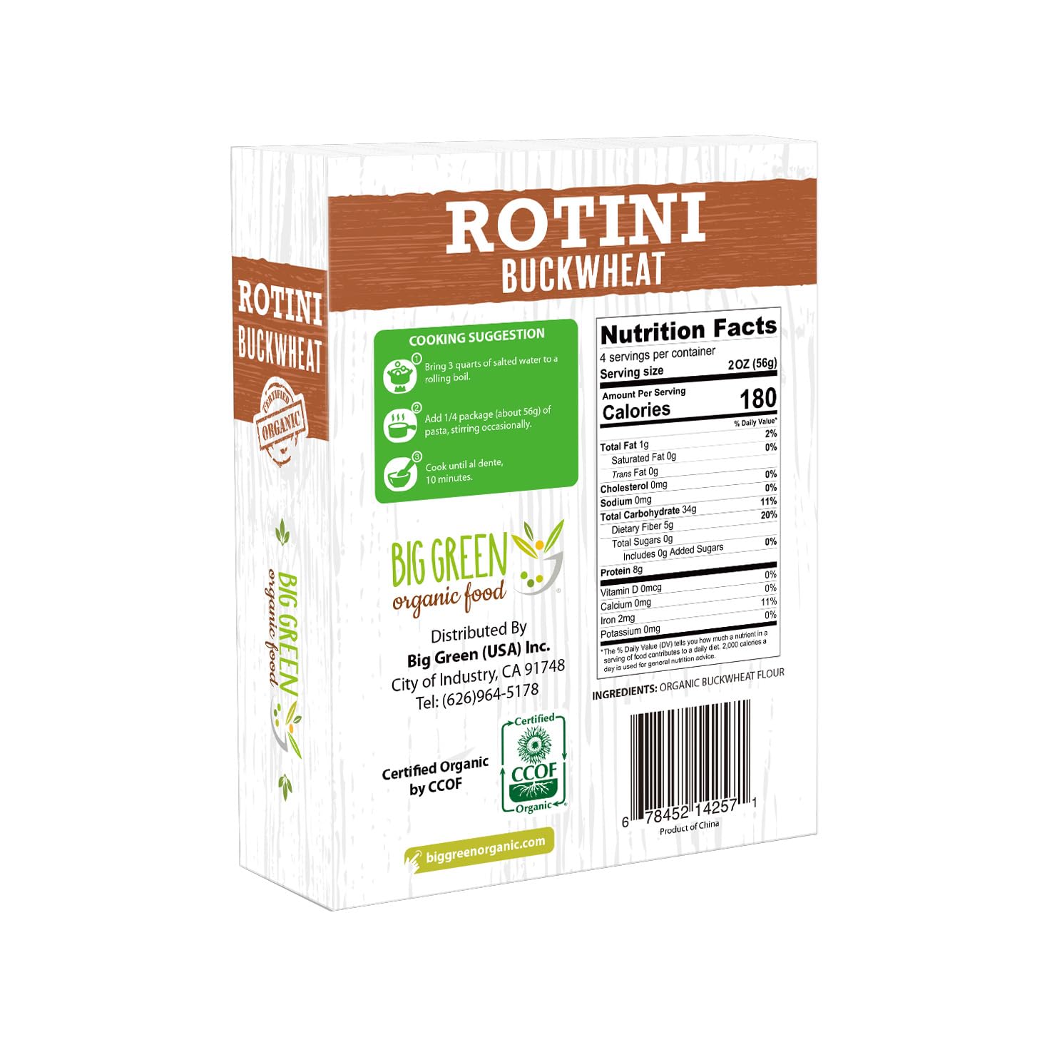 Big Green Organic Food- Organic Buckwheat Rotini, 8.8oz, 100% buckwheat, Gluten-Free, Non-GMO, Vegan (1)