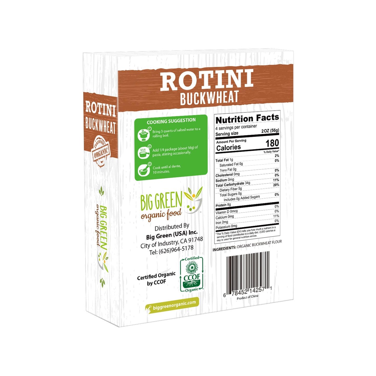 Big Green Organic Food- Organic Buckwheat Rotini, 8.8oz, 100% buckwheat, Gluten-Free, Non-GMO, Vegan (5)